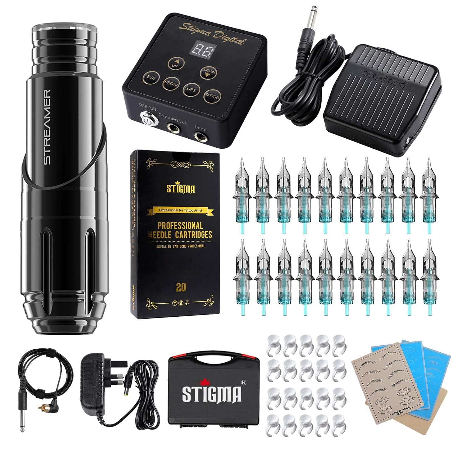 STIGMA Permanent MakeUp Machine Kit Rotary Machine Pen 95mm Black Digital LED Power Supply Blue Cartridge Needles 20pcs Eyebrow Lip Practice Skin Little Cups EM130PROP18302B-1
