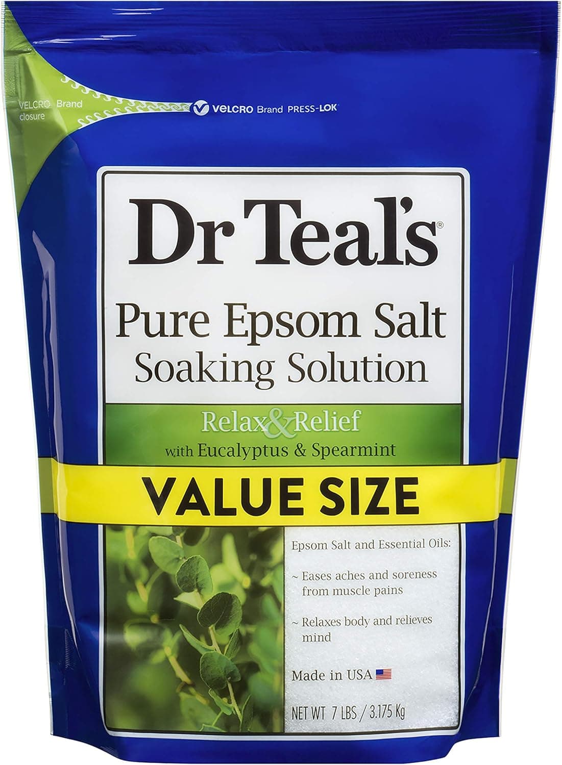 Dr. Teal's Eucalyptus & Spearmint Soaking Solution (1 Bag, 7lb) - Blended with Pure Epsom Salt - Stimulate and Soothe The Senses - Ease Pain & Soreness in The Body at Home - Value Size Bag