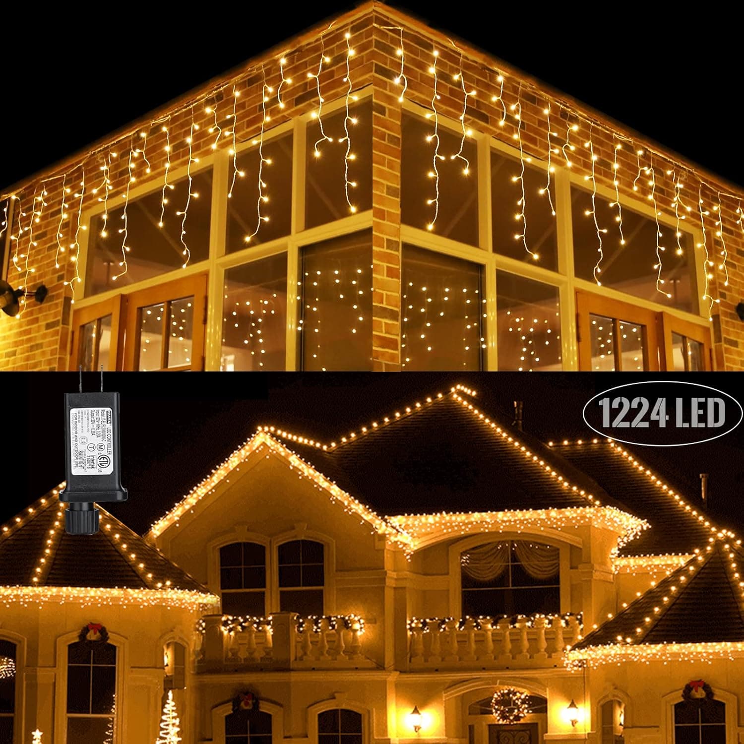 Toodour Icicle Christmas Lights, 100ft 1224 LED 8 Modes Icicle String Lights with 204 Drops, Window Curtain Fairy Icicle Lights, Icicle Fairy Twinkle Lights for Christmas, Party, Holiday (Warm White)