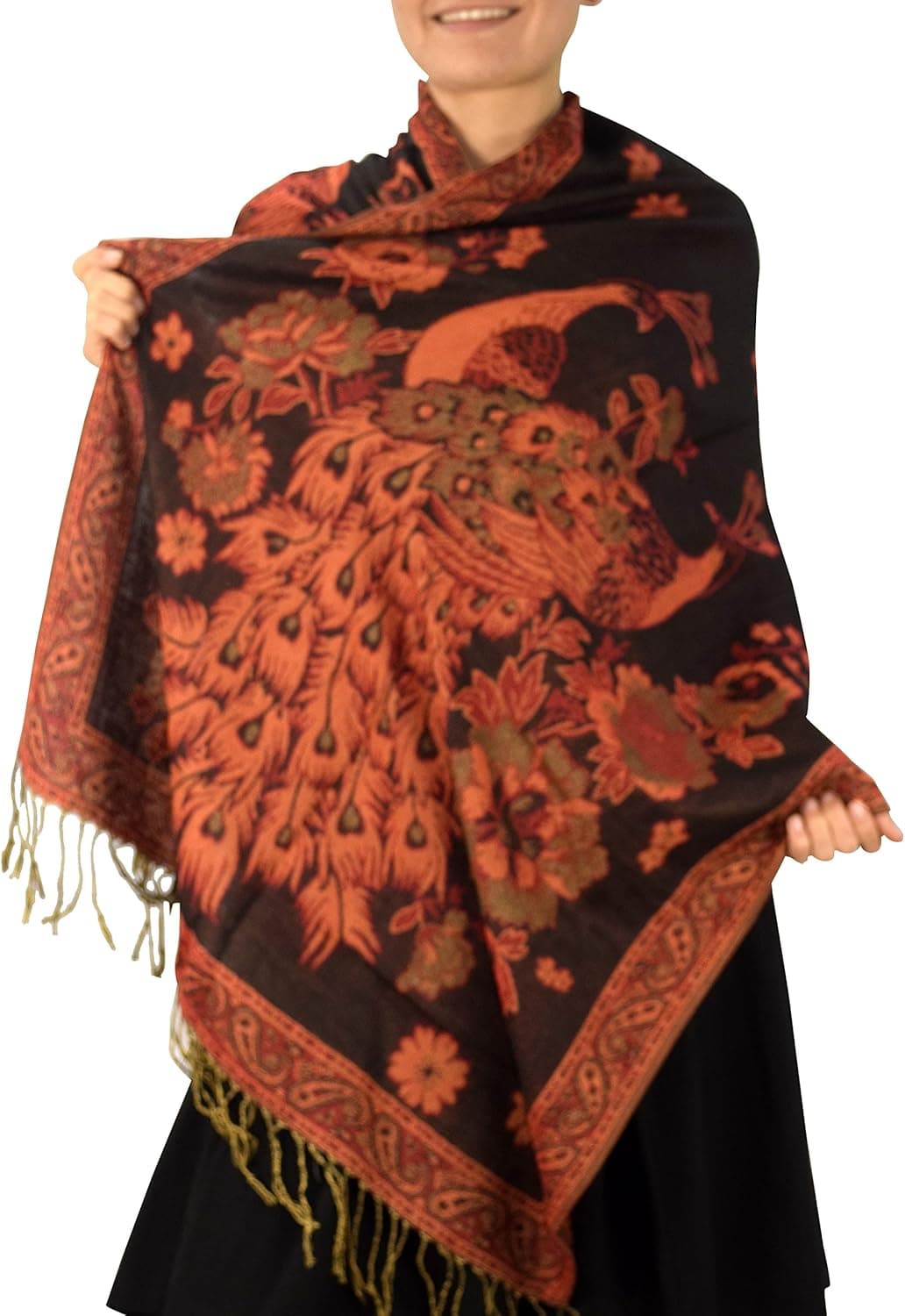 Peach Couture Floral Peacock Reversible Shimmer Layered Pashmina Wrap Shawl Scarf