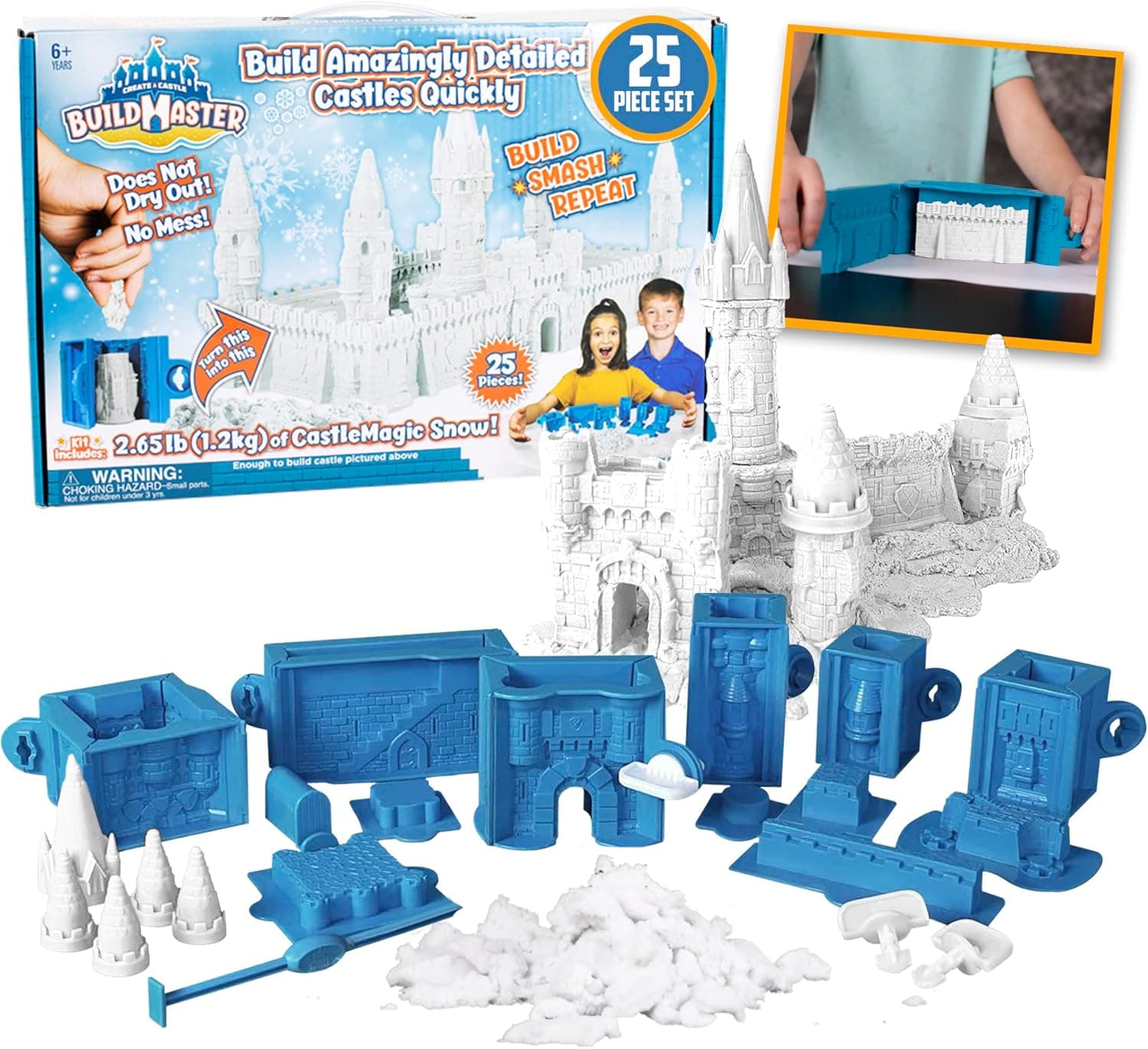 Create A Castle Indoor Snow Castle Kit as Seen on Shark Tank, BuildMaster Reusable Castle Magic Snow Toy Set, 25 Pieces, 2.65 lbs Sensory Play Snow and Playmat, STEM Activity