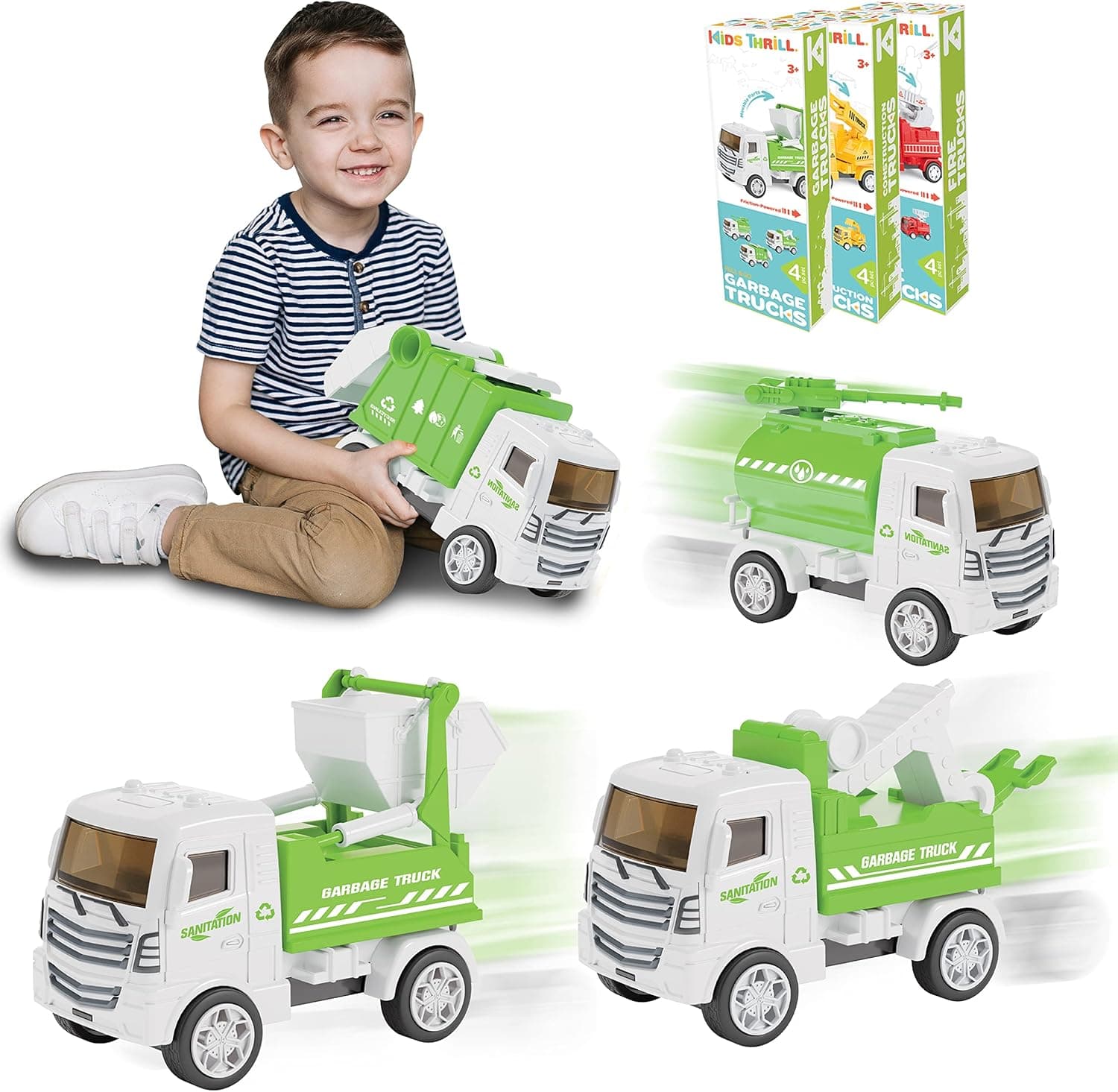 KIDSTHRILL Toy Garbage Truck Toys for Boys & Girls Aged 3-12 – 4pcs Set with Different Models, Garbage Truck Trash Truck & Dump Truck, Fun Friction Powered for Toddlers Durable ABS Unique Designs