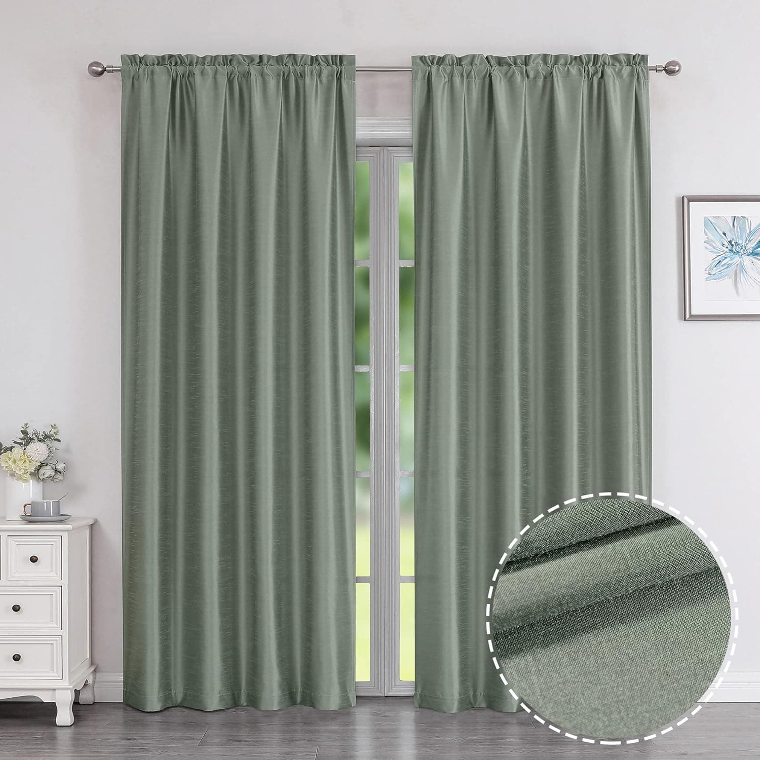 Chyhomenyc Uptown Faux Silk Living Room Window Curtains, 2 Panels Solid Slub Textured Sage Green Curtains 84 Inches Long, Luxury Classic Room Darkening Rod Pocket Bedroom Curtains & Drapes, 42"Wx84"L