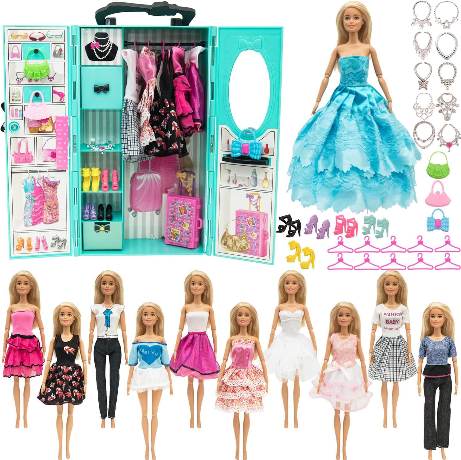 SOTOGO 11.5 Inch Girl Doll Closet Wardrobe with Doll Clothes and Accessories Include 11 Sets Doll Outfits Fashion Dresses Tops and Pants Party Gowns and Wardrobe Shoes Bags Necklaces Hangers Trunk