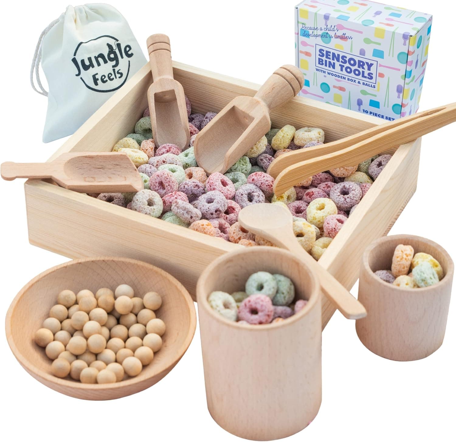 Sensory Bin Tools with Wooden Sensory Bin for Toddlers, 10 Piece Sensory Box Set, 20 Wooden Sensory Balls, Sensory Toys for Toddlers & Sensory Tools for Developing Fine Motor Skills, Montessori Play