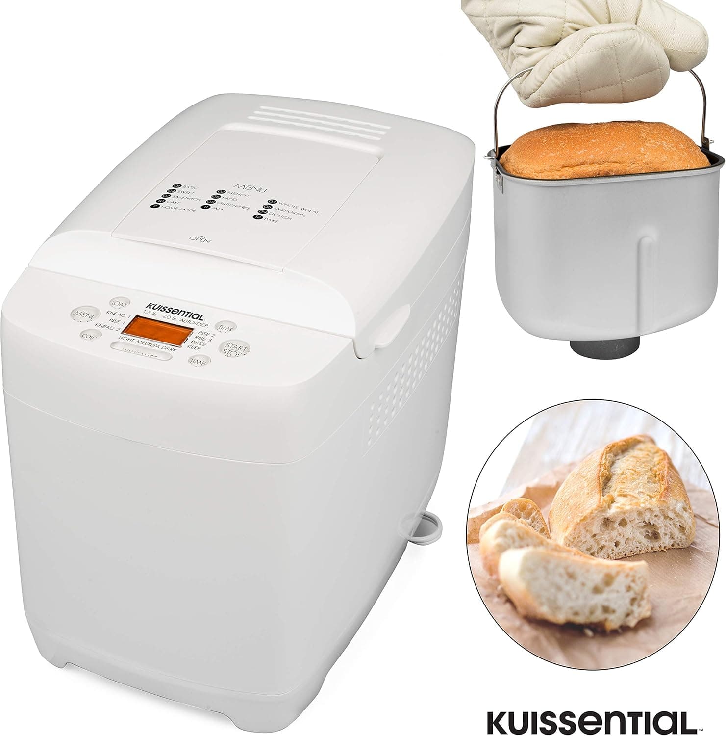 Kuissential 2-Pound Programmable Bread Machine w/Auto Fruit and Nut Dispenser, 13 Settings and 13-Hour Delay Timer