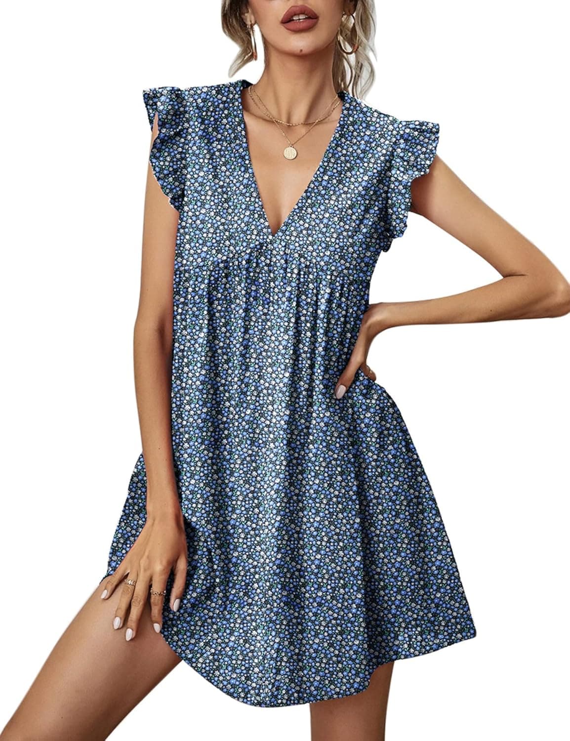 Chigant Womens Summer Dresses Swiss Dot V Neck Ruffle Short Sleeve Pleated High Waist Tiered A Line Solid Swing Mini Dress