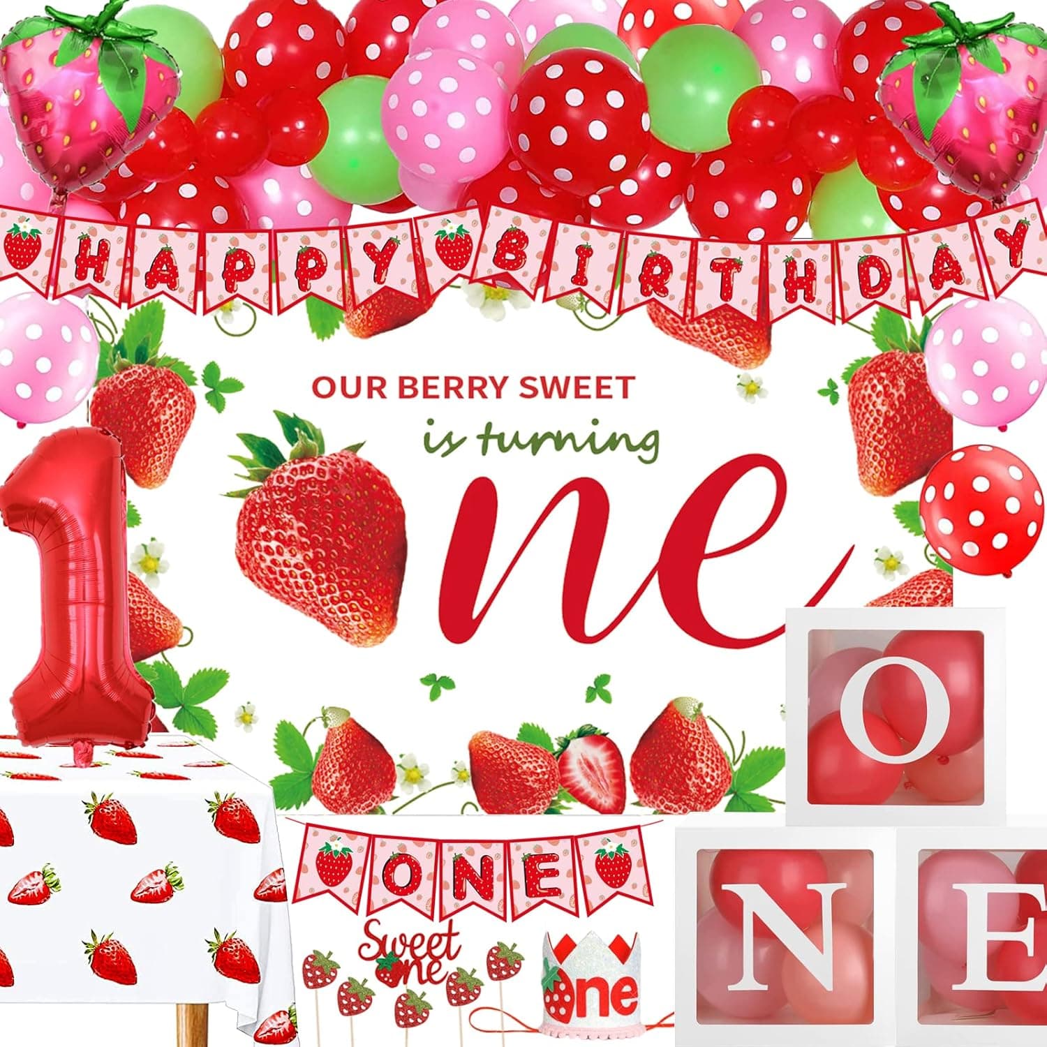 Tsoifu Strawberry First Birthday Decorations for Girl 1st Birthday Strawberry Party Decorations Party Supplies Balloon Garland Kit