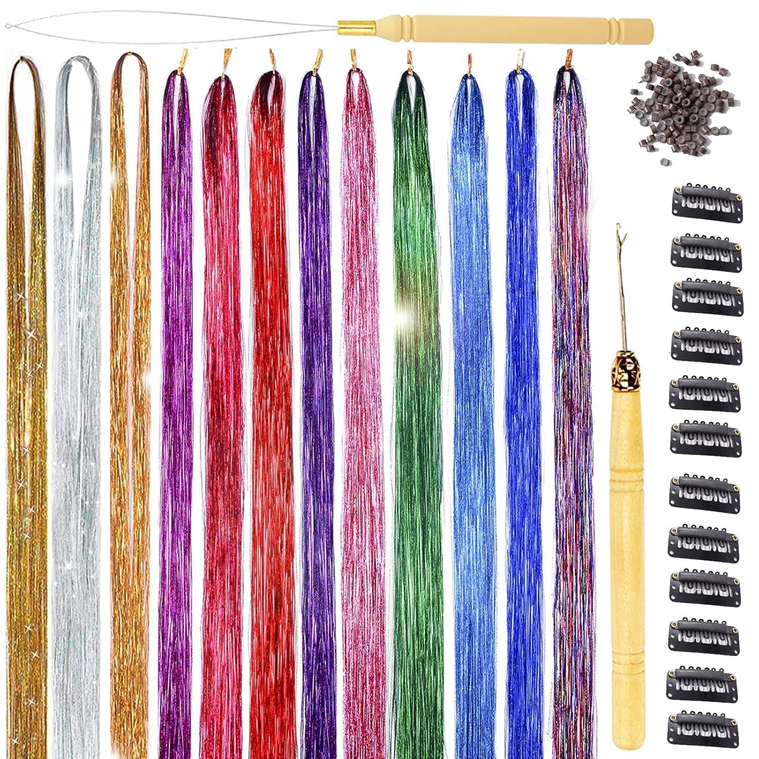 47 Inches Hair Extension Tinsel with Tool 12 Colors 2400 Strands Hair Extension Tinsel Kit Glitter Hair Extensions for Women Girls Hair Accessories for Christmas New Year Halloween Cosplay Party