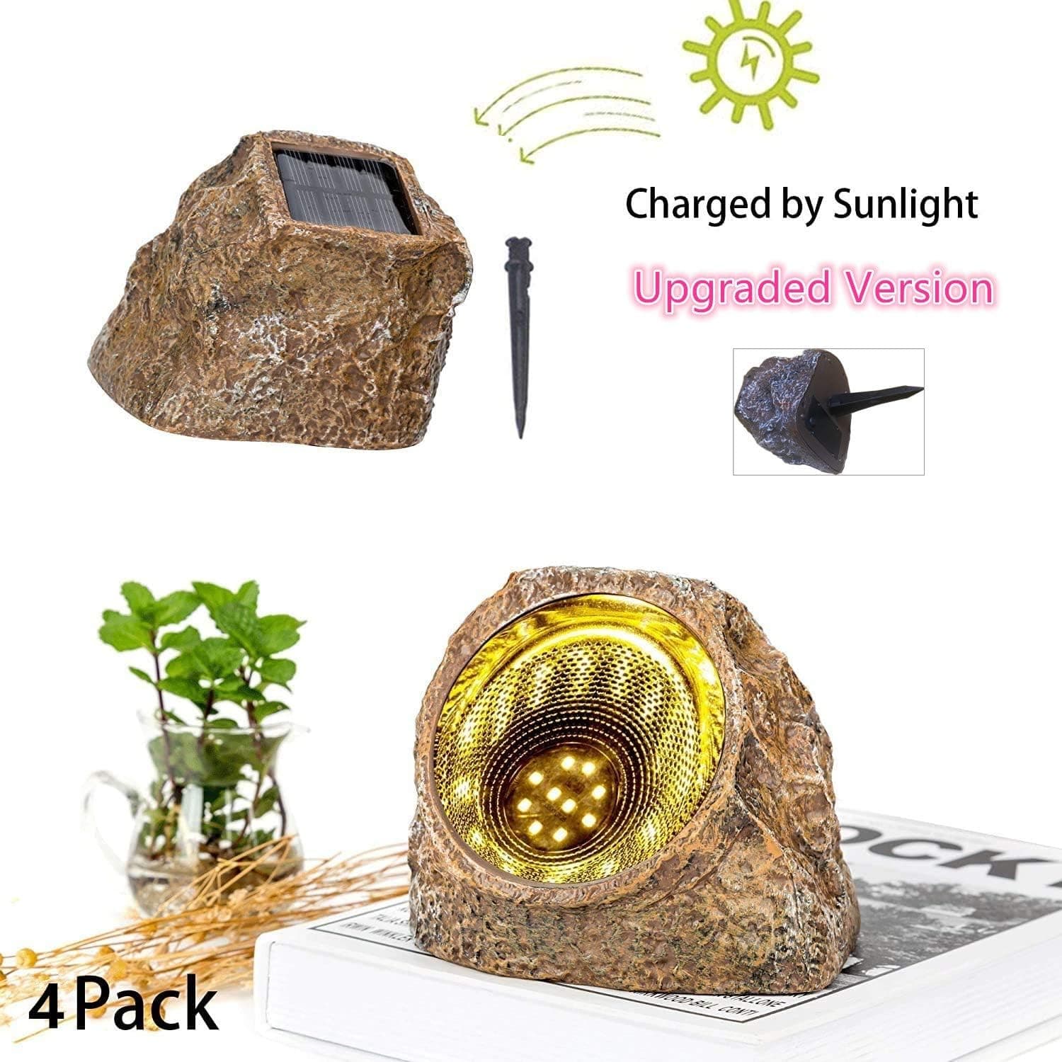 YJFWAL 2021 Upgraded Version 4 Pack 10 LED Solar Rock Lights, Stone Lights Outdoor Waterproof Light for Patio, Garden, Backyard Pathway Driveway Landscape Rock (Warm White)