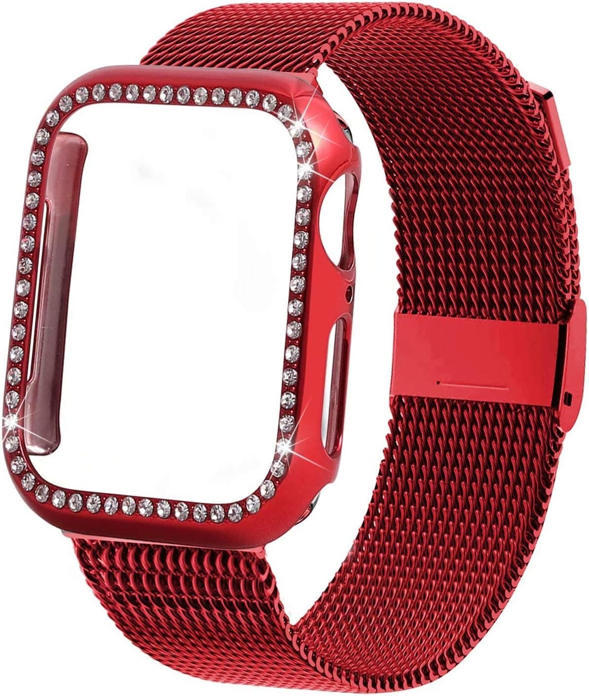 INTENY Compatible for Apple Watch Band 44MM with Bling Screen Protector, Women Stainless Steel Mesh Strap with Protective Crystal Diamond Case Compatible for iWatch Series 4/3/2/1 (Red, 44mm)