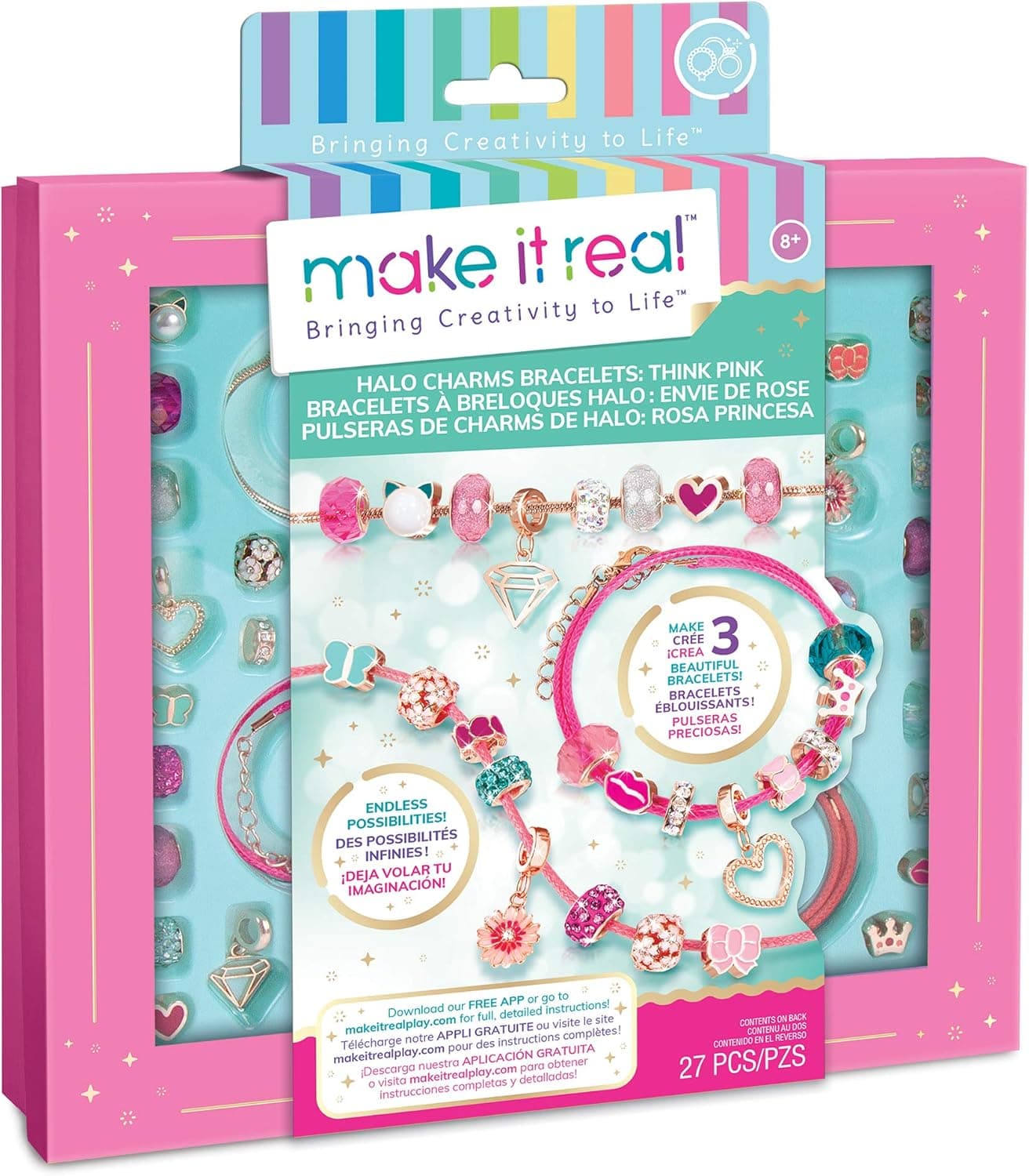 Make It Real - Halo Charms Bracelets Think Pink - DIY Charm Bracelet Making Kit - Friendship Bracelet Kit with Beads, Charms & Cord - Arts & Crafts Bead Kit for Girls - Makes 3 Bracelets