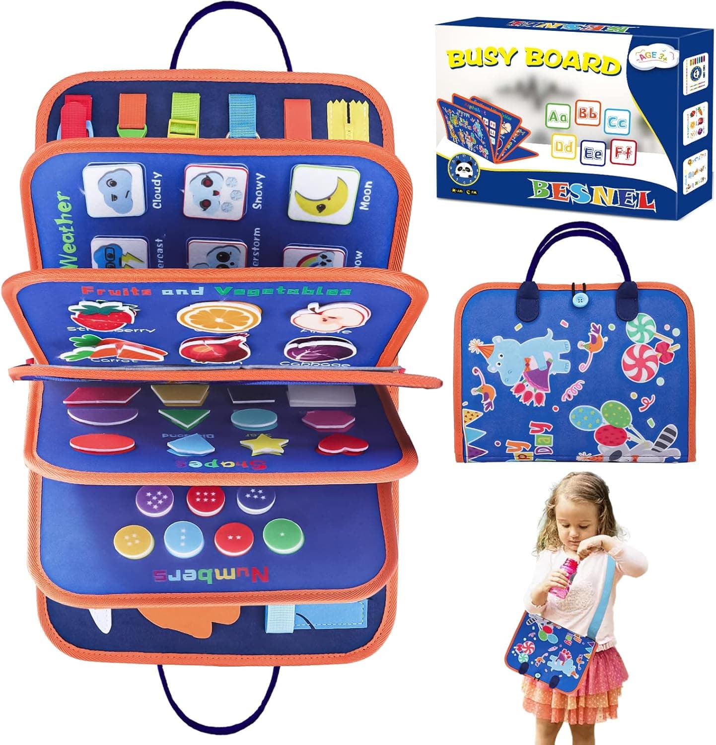 BESNEL Busy Board for Toddlers 2-4,Busy Book for Toddlers 1-3,Preschool Educational Activity Sensory Board for Learning Fine Motor Skills,Zipper Board for Toddlers 1-3,Gifts for Boys Girls
