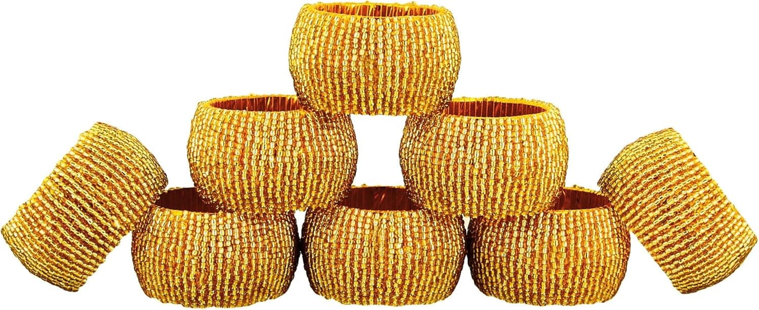 Shalinindia Handmade Indian Gold Beaded Napkin Rings - Set of 8 Rings