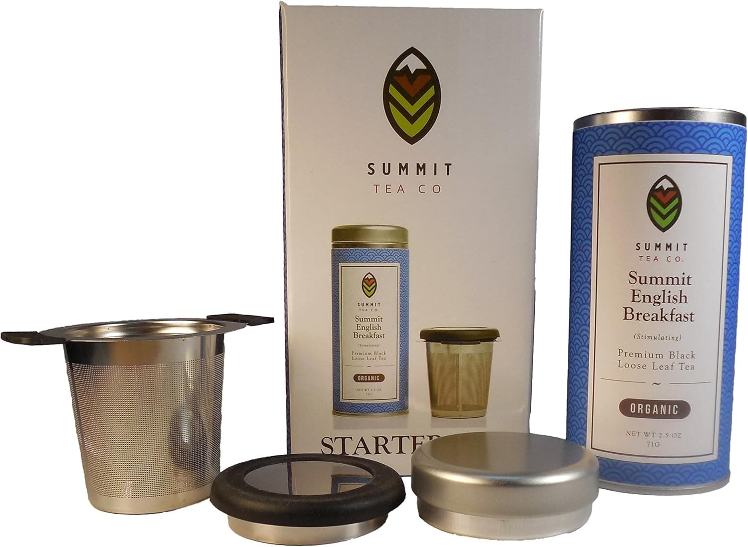 Summit Tea - Our Best Medium Tea Basket Filter and Tea Starter Kit: Medium Size Permanent Stainless Steel Tea Infuser Basket and lid, 1 oz Tea Sample, and Summit Tea Storage Tin.