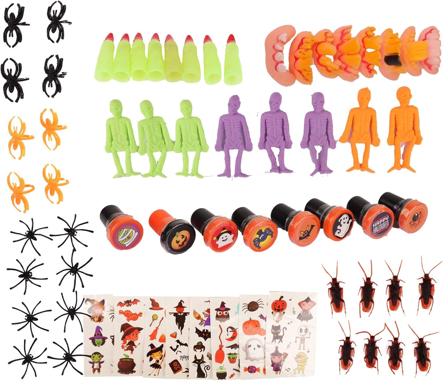 Halloween Party Favors Toys Assortment for Kids, Trick-or-Treat, School, Goodie Bags, Pinata Fillers – Bulk Halloween Novelty Stamps, Stickers, Tattoos, Bugs, Spiders, Skeletons, Fake Teeth (104 Pieces)