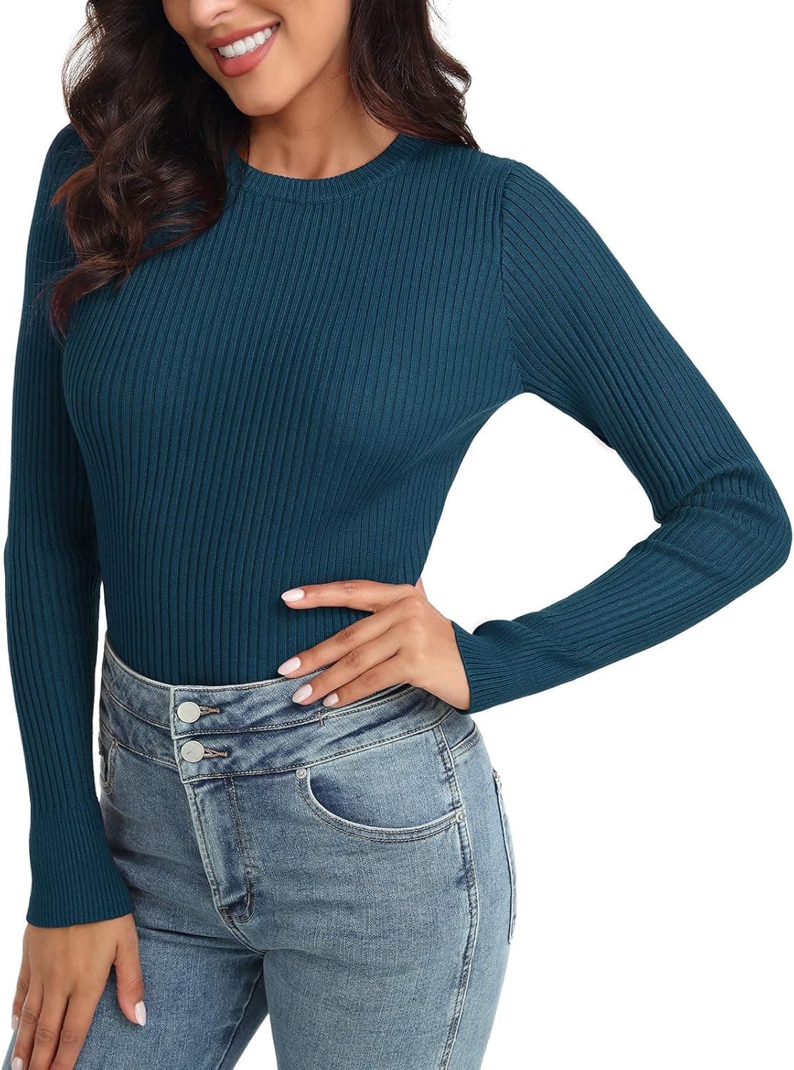 Rocorose Women's Long Sleeve Sweater Classic-Fit Crewneck Fitted Pullover Knit Sweater Top