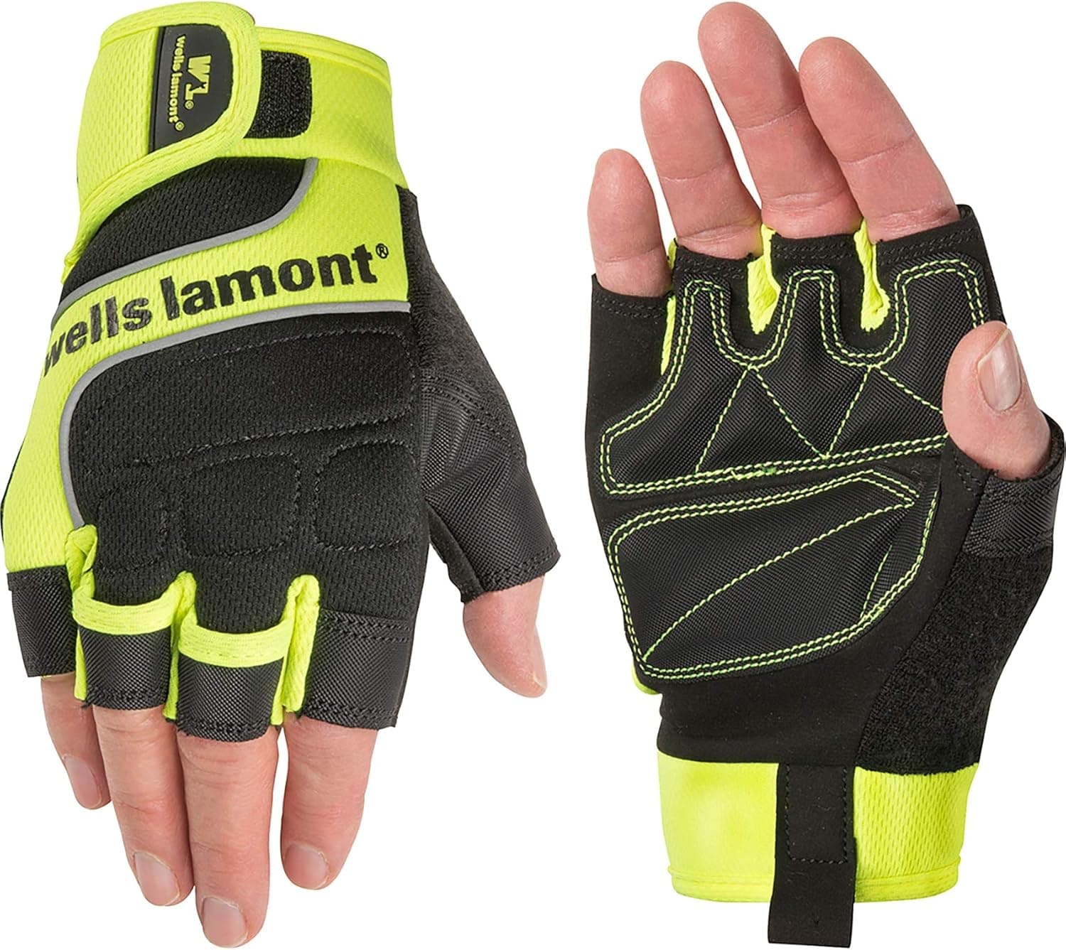 Wells Lamont Men's Hi-Viz Fingerless Synthetic Leather Work Gloves, Large (841YL),Hi-Viz Yellow/Black
