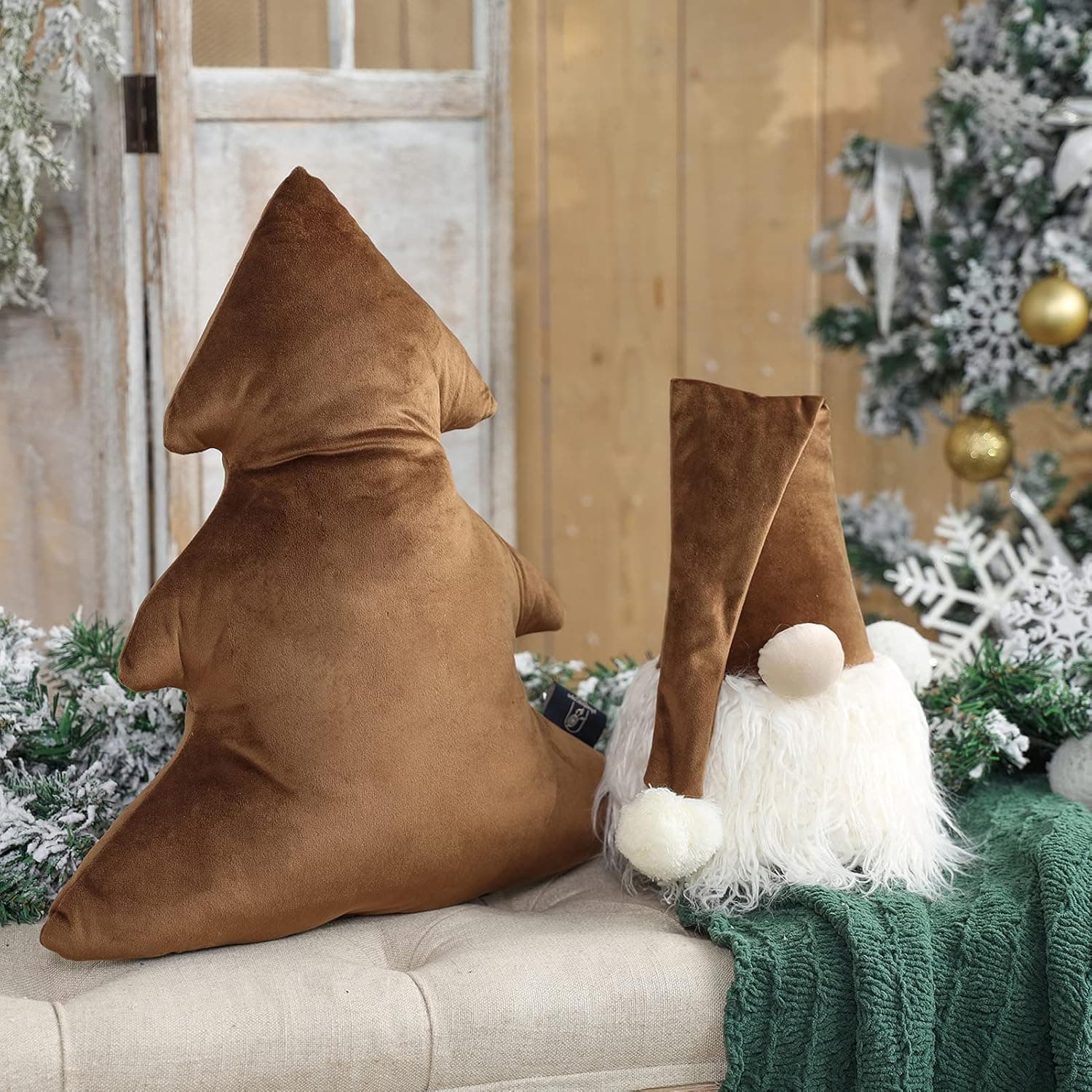 Phantoscope Pack of 2 Merry Christmas Decorative Throw Pillows Xmas Tree and Gnome Soft 3D Shaped Cushion, Coffee, 18 x 20 & 6.5 x 11 inches