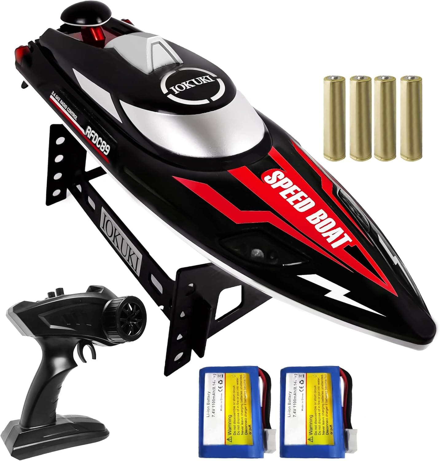 IOKUKI 2.4Ghz RC Boat- 20 mph High Speed Remote Control Boat for Kids & Adults for Lakes & Pools / 2 Rechargeable Batteries, Low Battery Alarm, Out of Range Prompt, Capsize Recovery (RED)