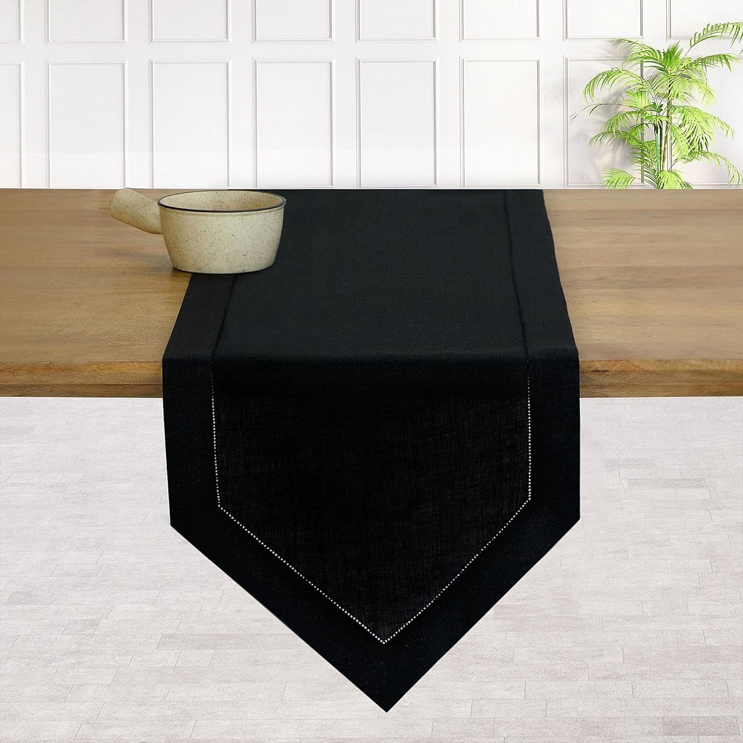 D'Moksha Black Table Runner 14 X 90 Inch- 100% Pure Linen Hemstitch Diamond Coffee Table Runners 90 Inches for Summer, Wedding, Party, Outdoor, Living Room/Kitchen, Machine Washable