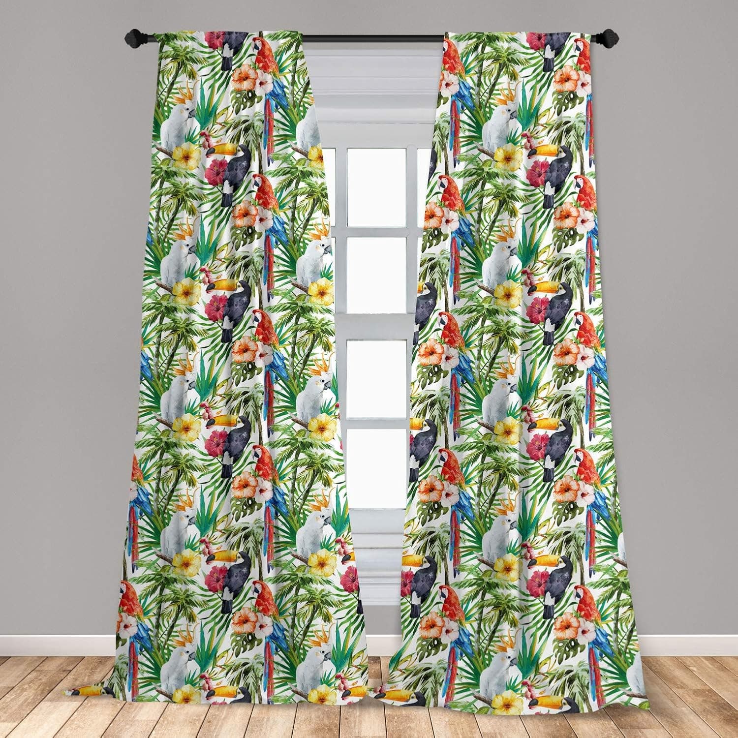Lunarable Parrots Window Curtains, Watercolored Tropical Animals Toucans and Yellow Crested Cockatoo in The Jungle, Lightweight Decor 2-Panel Set with Rod Pocket, Pair of - 28" x 63", Rainbow Colors