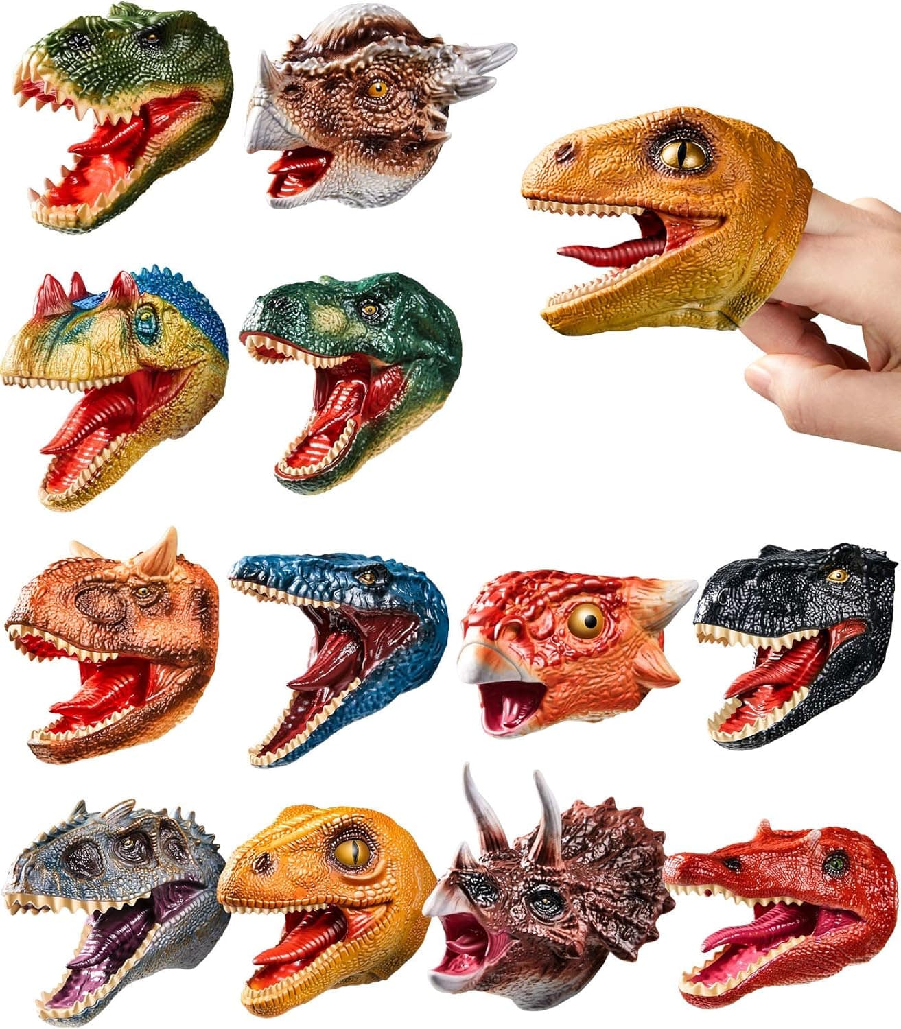 Geyiie Finger Puppets Toys, Kids Dinosaur Finger Dino Head Puppets Set Tyrannosaurus Triceratops Soft Rubber, Pinata Stuffers Goodie Bag Fillers Gifts Toys for Boy 12 Pack