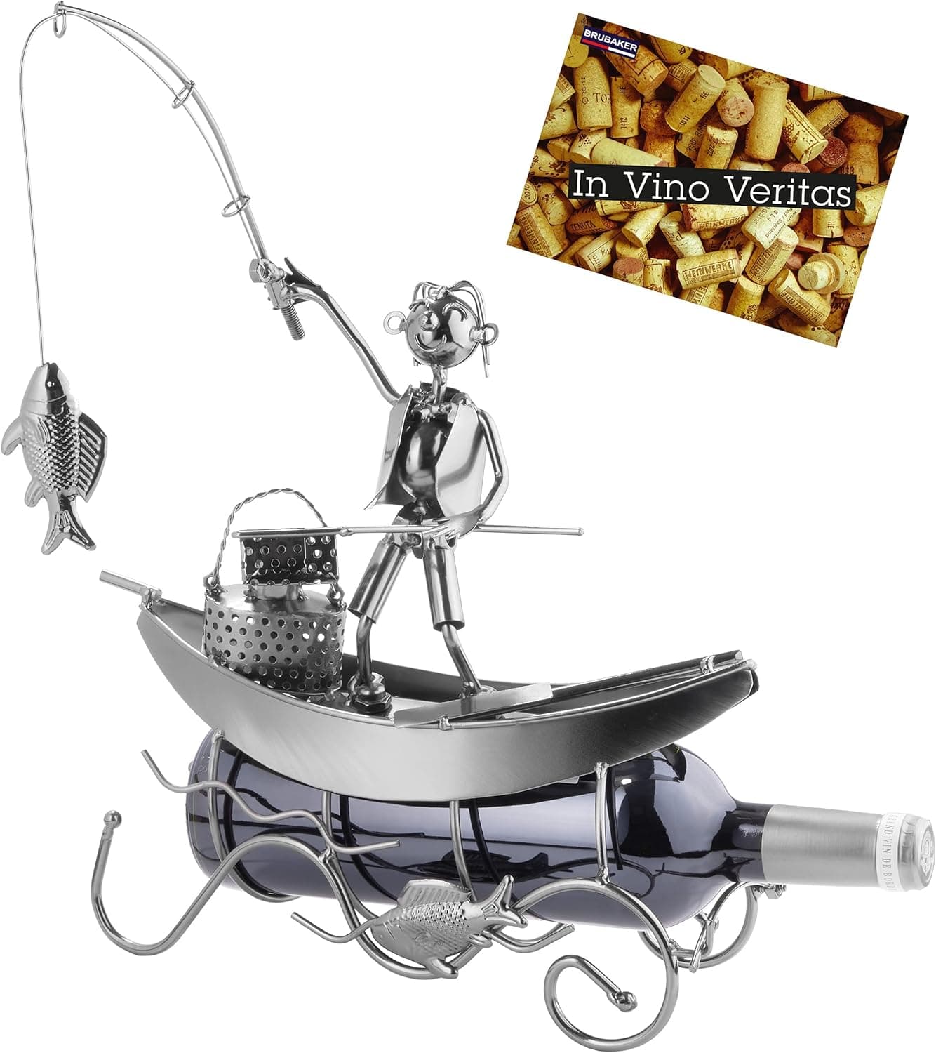 BRUBAKER Wine Bottle Holder Fisherman on a Boat - Metal - Statue, Sculptures and Figurines - Decor Wine Racks and Stands - Gifts & Decoration