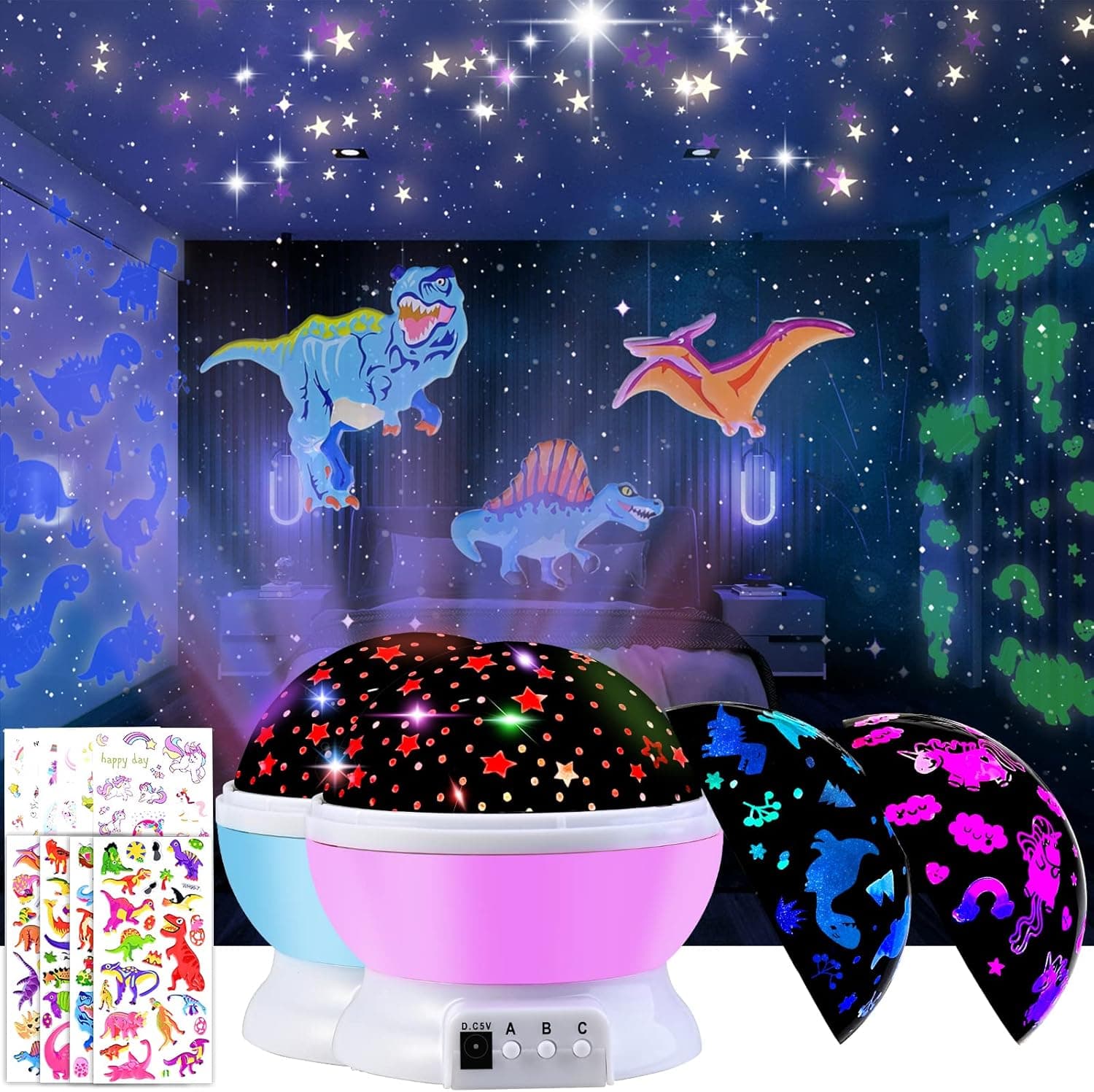 GOLDGE 2 pcs Night Lights for Kids Room 4.1X3.8 inch, Dinosaur Unicorn Toys, Projector Night Light for Kids 360 Degree Rotating Girls Night Light with 7 Color Lighting Change for Baby - Pink & Blue