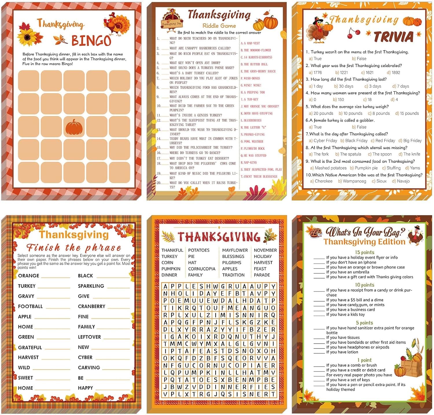 Funtery 150 Thanksgiving Party Games Set Thanksgiving Day Bingo Game Thanksgiving Party Supplies for Kids Adults Holiday Party Favor Craft Supplies, Family Activities, School Classroom, 6 Styles