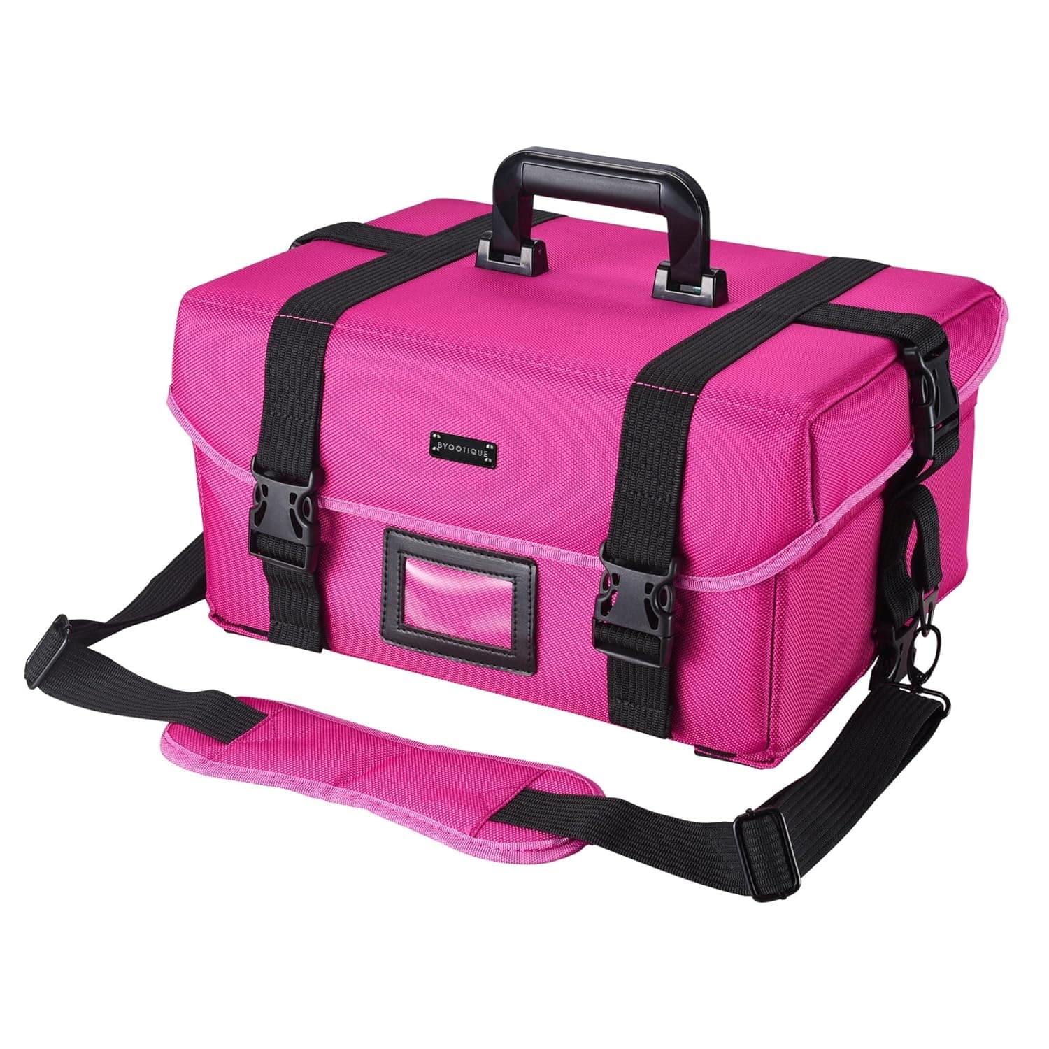Byootique Deep Pink Professional Soft Sided Makeup Bag Large Storage Artist Cosmetic Box Travel Train Case with Strap
