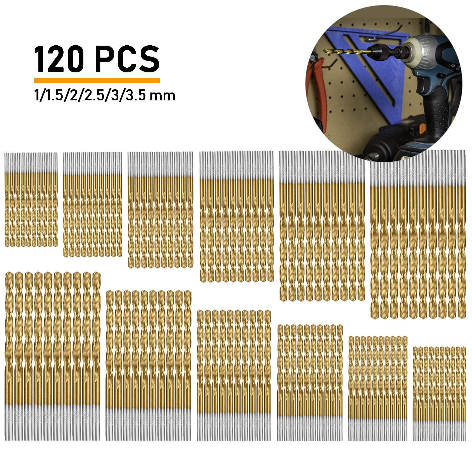 Gizhome 120Pcs HSS Drill Bits Set, Professional Twist Drill Bit Set Industry HSS TIN Coated Jobbers Length Mini Micro Drill Perfect Use for Wood Plastic Copper Aluminum Alloy, 1/1.5/2/2.5/3/3.5 mm