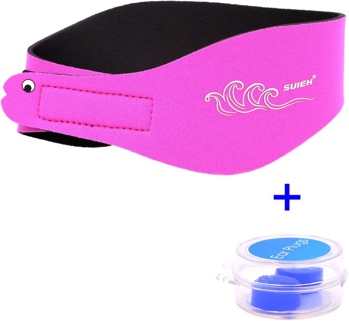 SUIEK Swimming Headband - Free Swimming Earplugs a Pair (Sea Wave - Rose Red, L: 3-12 Years, Head Size 16"-20")