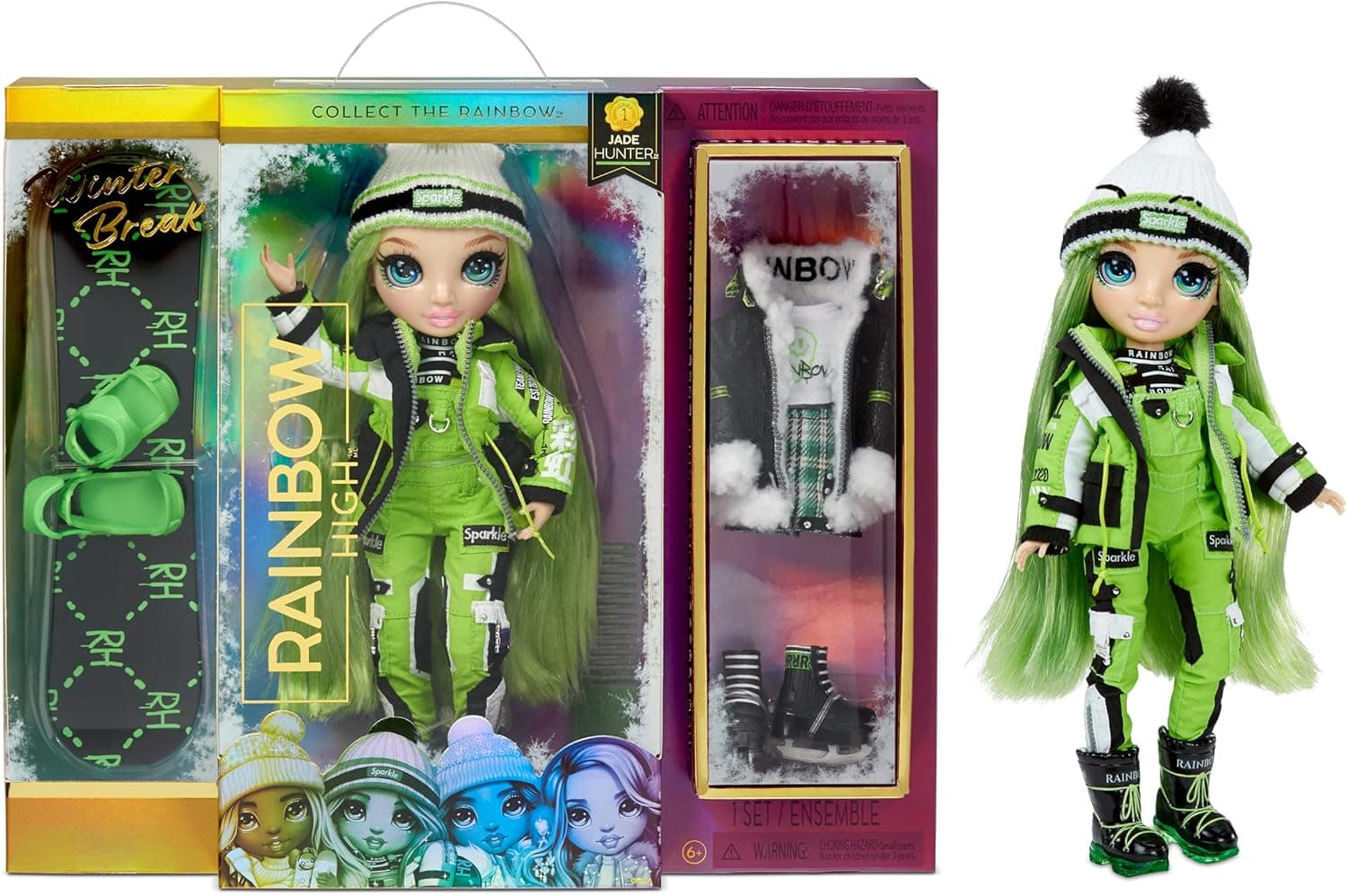 Rainbow High Winter Break Jade Hunter – Green Fashion Doll and Playset with 2 Designer Outfits, Snowboard and Accessories