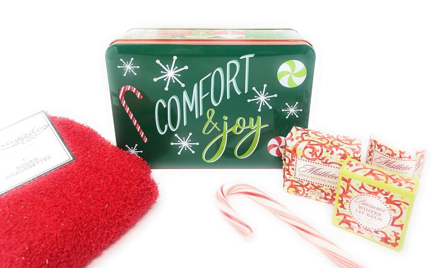 Mistletoe Gift Set - Christmas Cozy Sock Gift Tin - Fuzzy Socks, Candy Cane, Lotion, Lip Balm & More!
