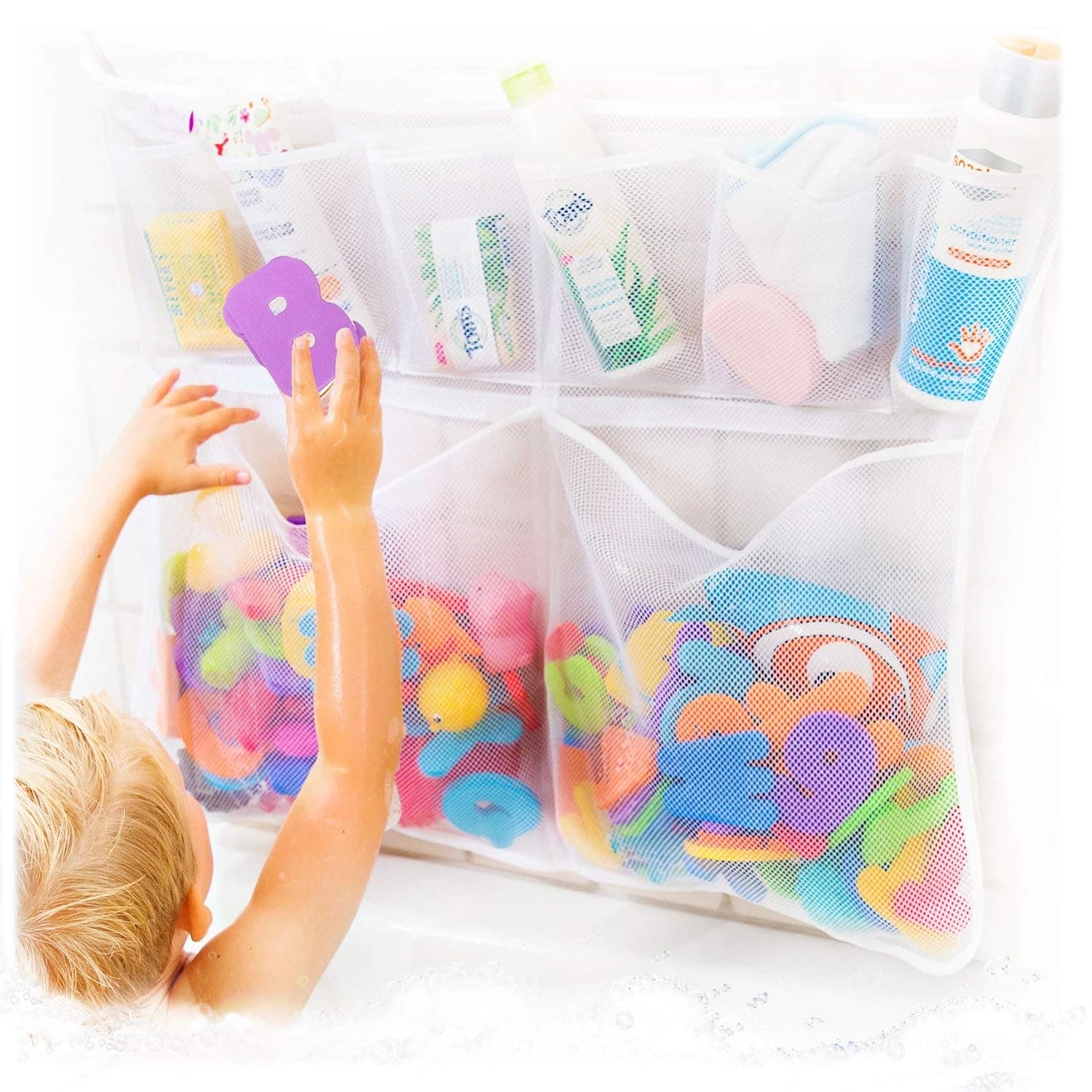 Tub Cubby "Really Big Bath Toy Storage, Bathroom Hanging Bathtub Toy Organizer with Suction Adhesive Hooks, 30"x23" Mesh Net Shower Caddy for Baby, Kids, Toddlers Bath, with Letters & Rubber Duck