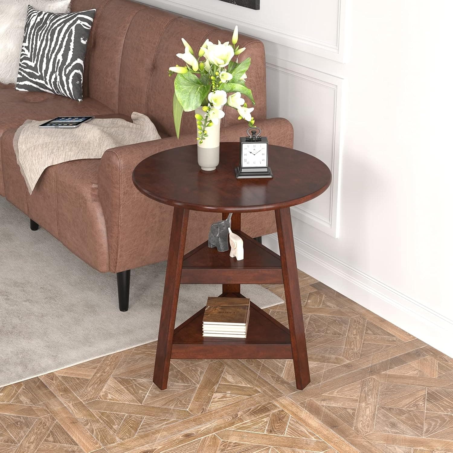 Pannow Round Side Table with 2 Tier Storage Shelves, Wooden Sofa Table Accent Coffee Tea Table Bedside Nightstand for Living Room Bedroom Bathroom, Easy Assembly, Walnut