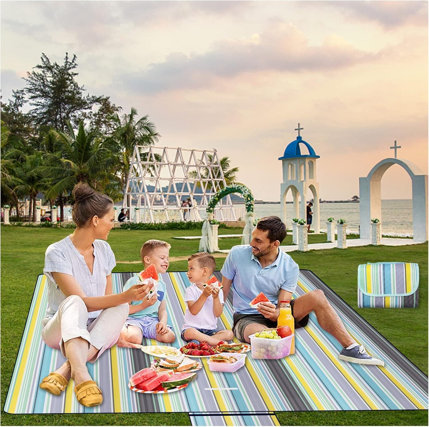 YEEPSYS Outdoor Picnic Mat Beach Blanket Foldable Portable Camping Blanket Waterproof Picnic Mat for Outdoor Lawn, Beach, Hiking, Park Grass, Travel, Camping, RVing, Outings (Blue Stripes,57''x 79'')