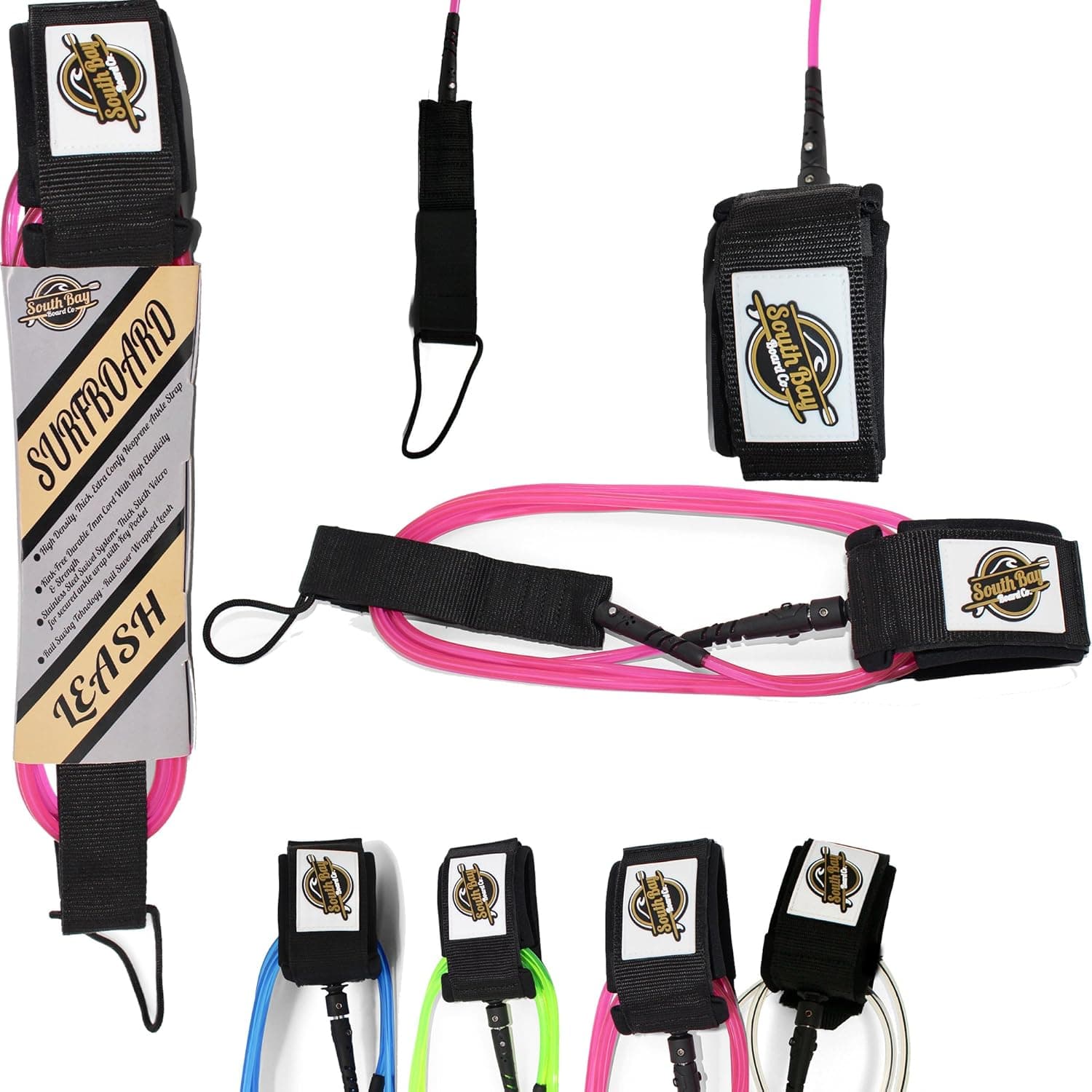 South Bay Board Co. Premium Surfboard Leash - 7mm Extra Thick, Max Strength Leashes [5'-11' Sizes]