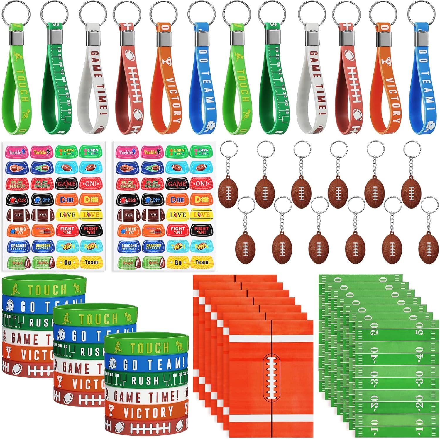 112 Pieces Football Party Supplies Set Include 12 Football Keychain 12 Football Motivational Silicone Wristband 12 Silicone Keychain 64 Mini Tattoo Sticker 12 Party Favor Bag for Kid Party Decor