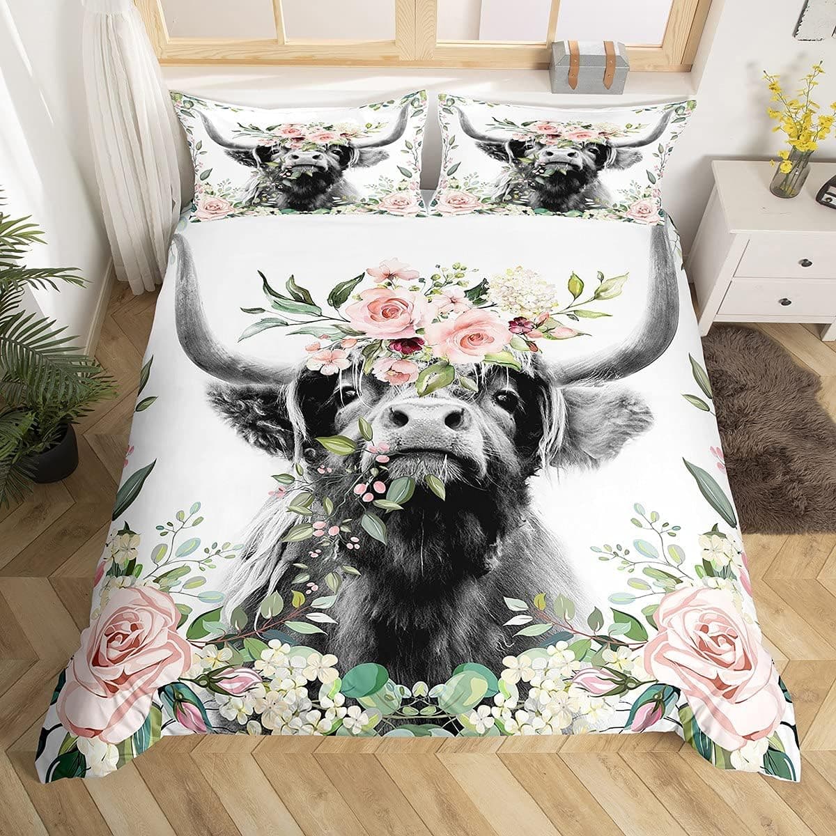 Highland Cow Flowers Duvet Cover Pink Rose Floral Bedding Set for Kids Boys Girls Children Wild West Animal Themed Comforter Cover Ultra Soft Decor Wildlife Bull Bedspread Cover Full Size Zipper