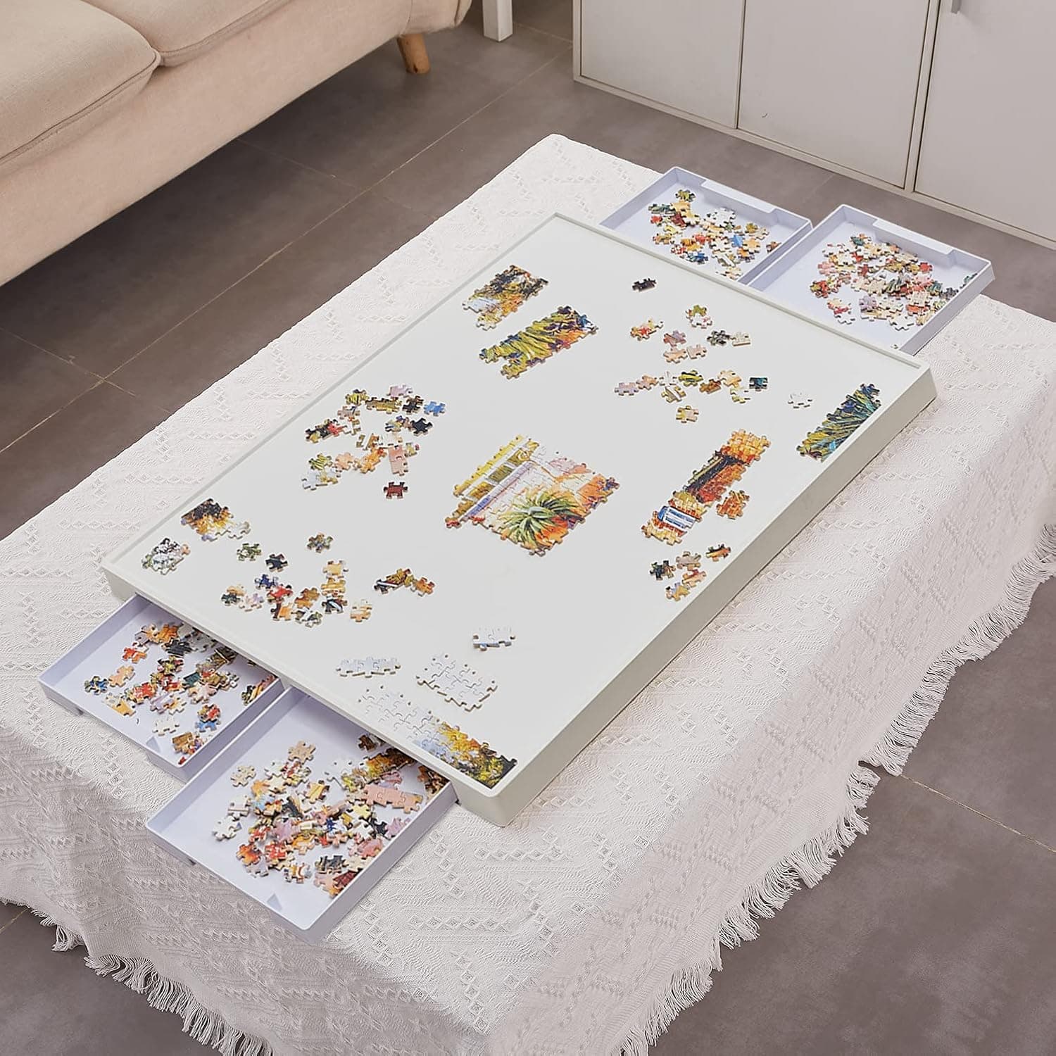 29"×21" for Maximum 1000 Pieces Puzzles, Plastic Puzzle Board, Puzzle Tables for Adults, Puzzle Boards and Storage, Puzzle Tray, Smooth Work Surface Puzzle Table, 4 Storage & Sorting Drawers