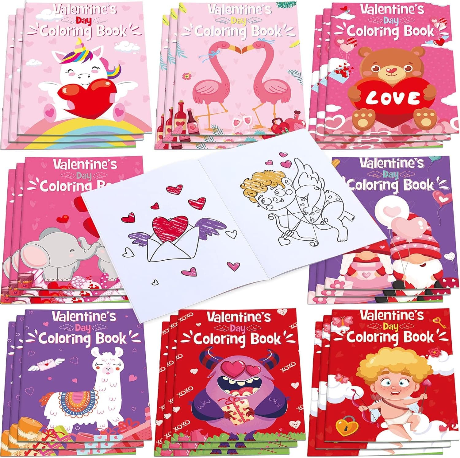 24 Pcs Valentine's Day Coloring Book Valentine's Gift Coloring Pages Cupid Coloring Card Heart Elephant Unicorn Hand-Drawn Book for Kids, Boys and Girls with Valentine Cute Images 12 Pages Each Book