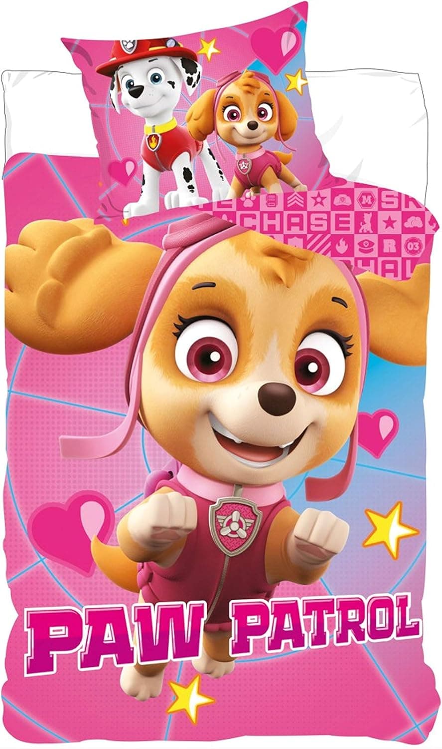 BrandMac Paw Patrol Toddler Bedding Set Pink - 2 Piece Paw Patrol Cot Bed Duvet Set for Girls - Skye Paw Patrol Bedding Set - Paw Patrol Girl Bedding Set - 100% Cotton Mighty Pups Paw Patrol Fabric