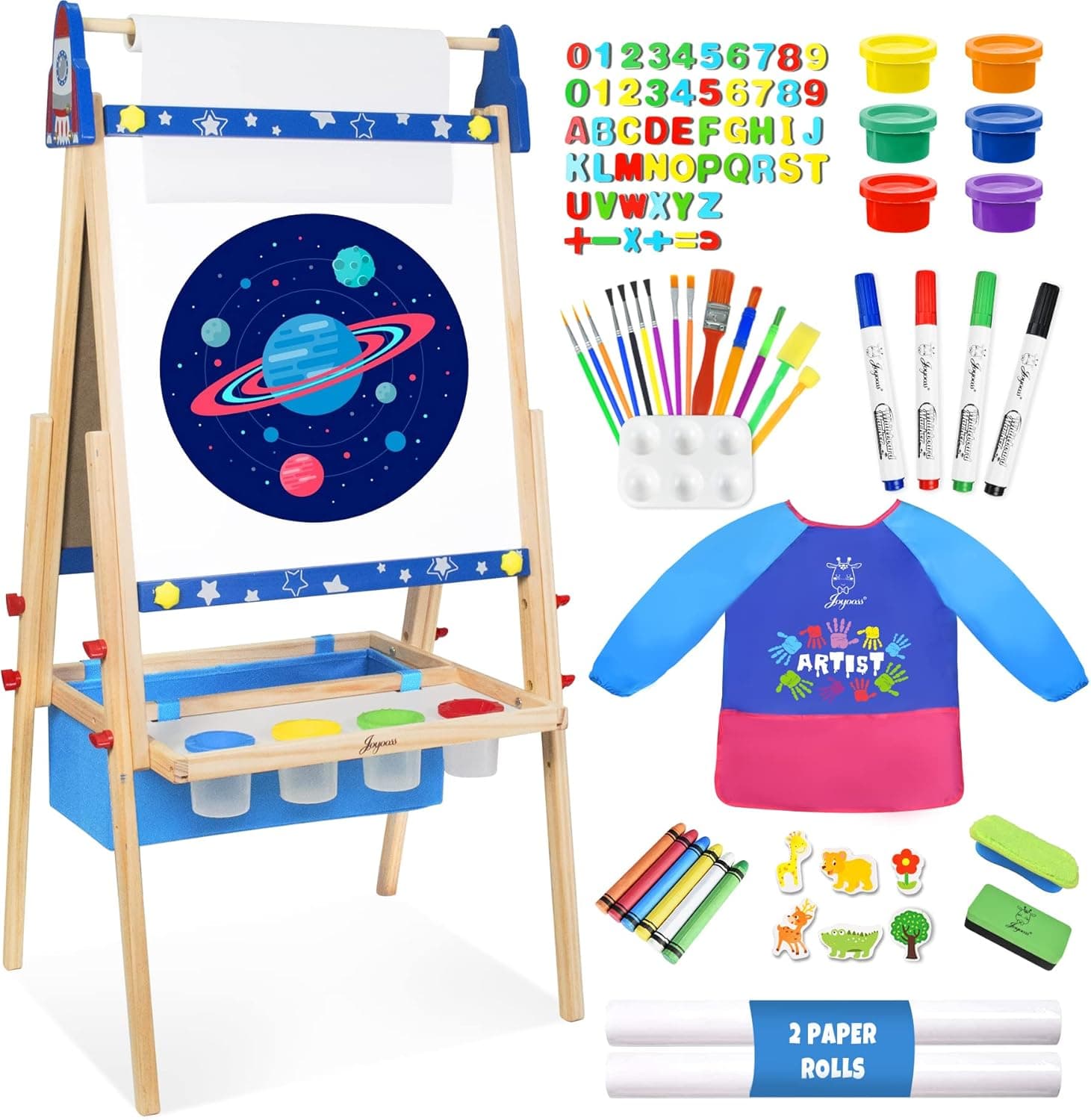 Joyooss Art Easel for Kids, Adjustable Standing Kids Easel with Magnetic Whteboard & Chalkboard, Bonus 100+ Art Supplies Child's Easel with 2 Paper Rolls, Finger Paints, Letters & Numbers Magnets