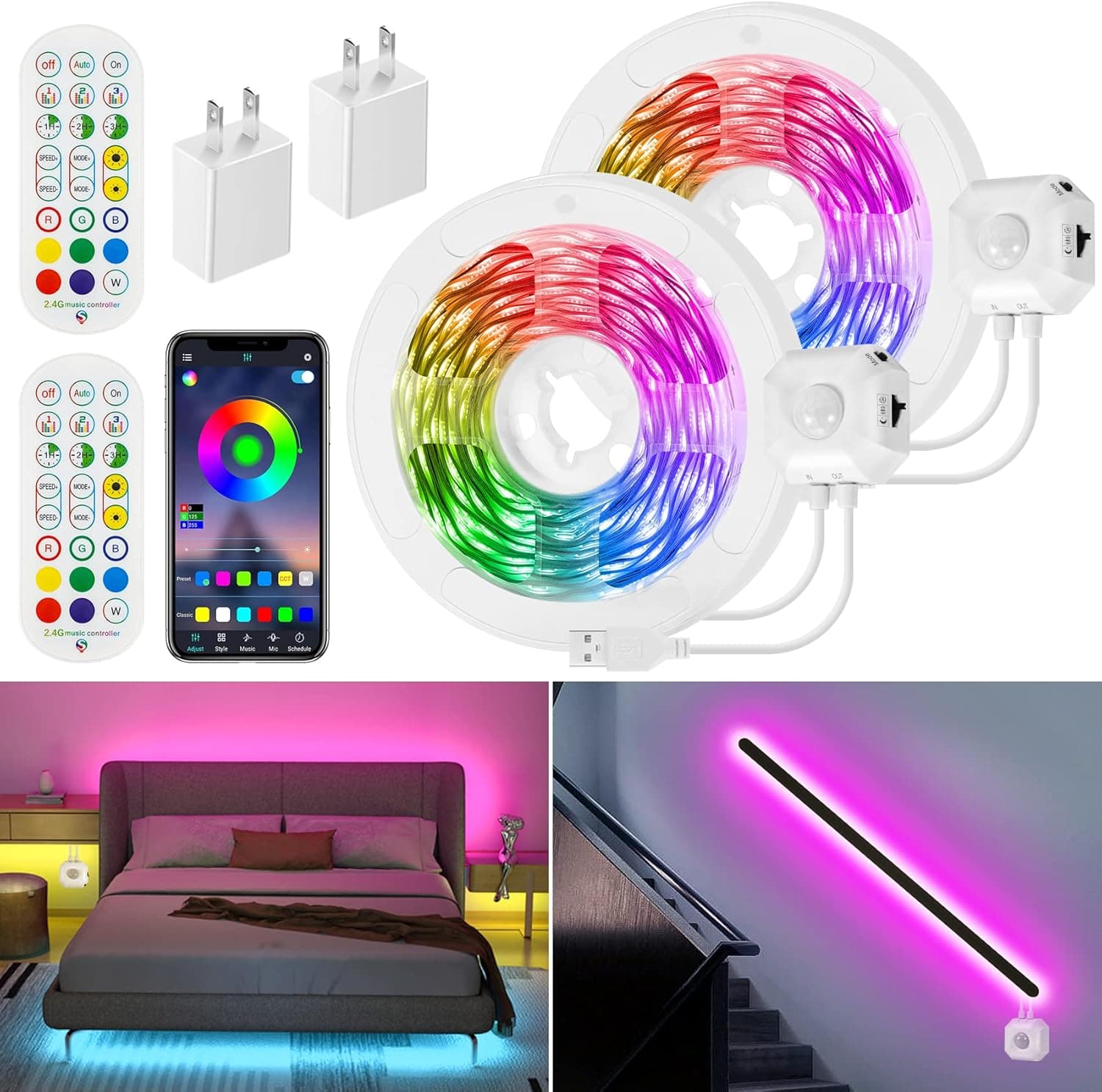 Motion Sensor LED Light Strip, 2x9.8Ft RGB LED Strip Lights with Stay On,Motion Activated,Night Sensor 3 Modes,Remote,App Control Music Sync Color Changing Under Cabinet Lights for Bed Closet Stair TV