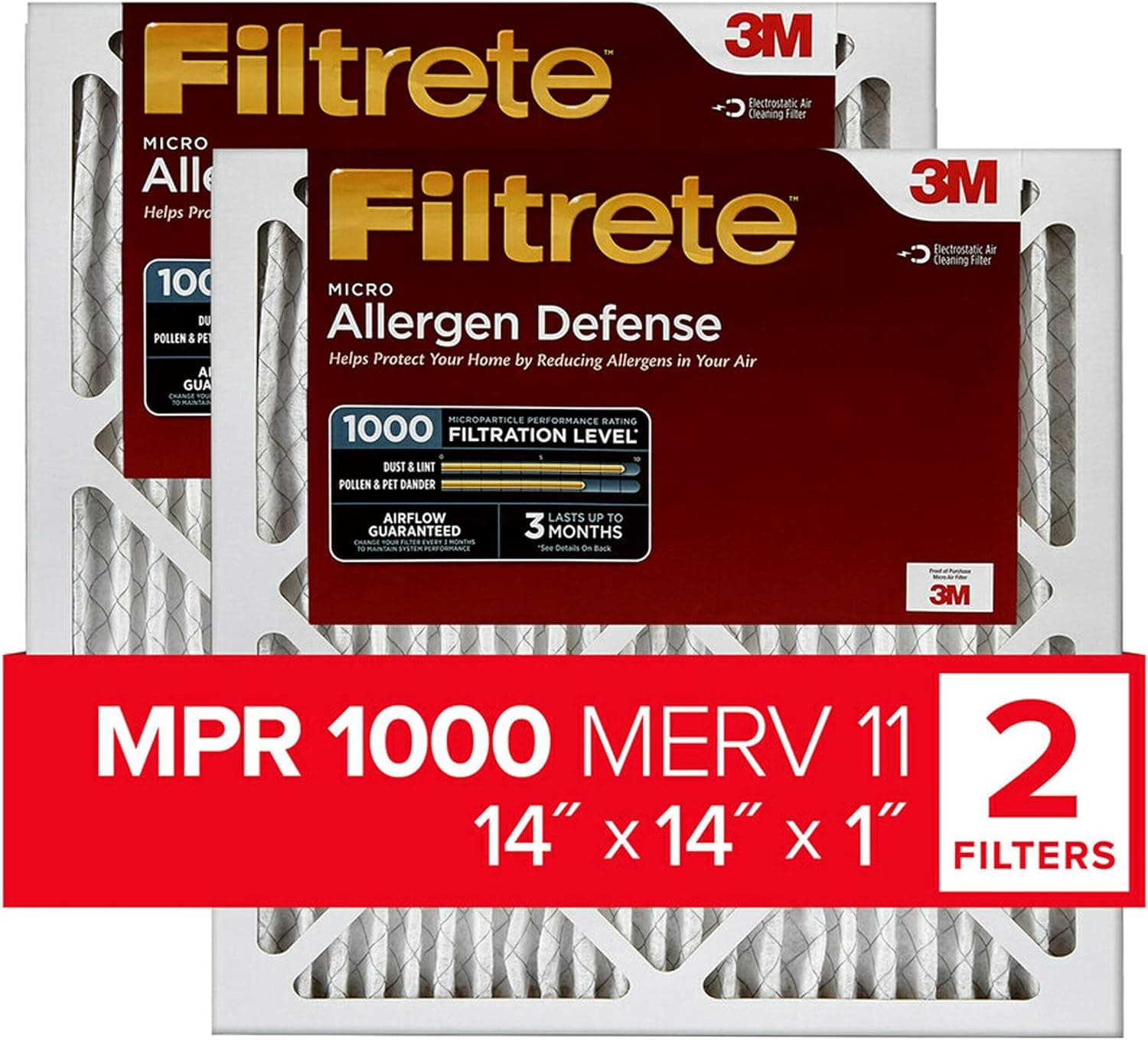 Filtrete 14x14x1 Air Filter MPR 1000 MERV 11, Allergen Defense, 2-Pack (exact dimensions 13.81x13.81x0.81)