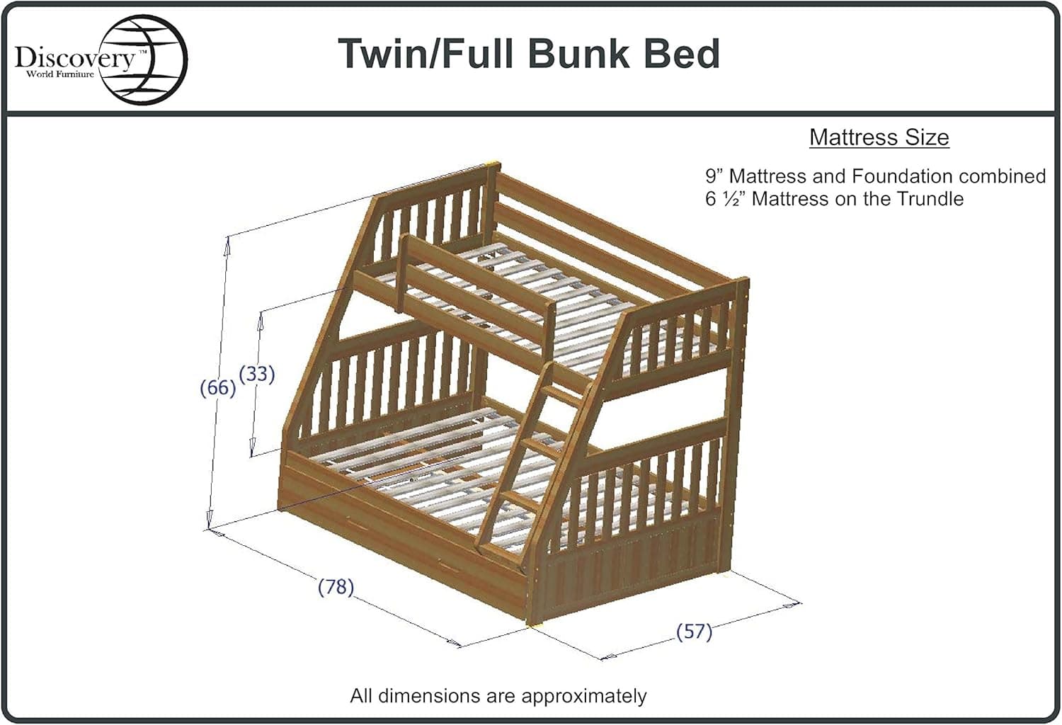 Discovery World Furniture Honey Bunk Bed Twin/Full Mission with 3 Drawers on One Side