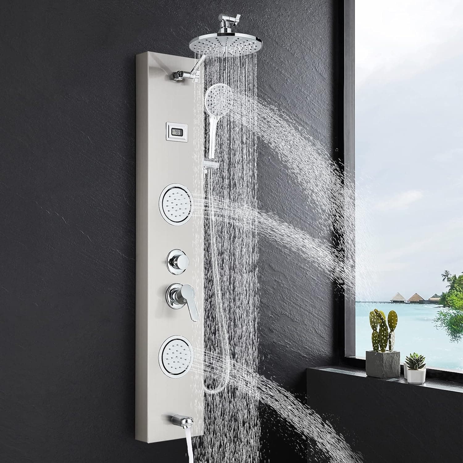 FCOTEEU Shower Panel Tower Rainfall Shower Head Adjustable with 3 Modes Handheld Shower 2 Body Jets Areas Mixer Taps Temperature Display Shower Unit System, Brushed Nickel