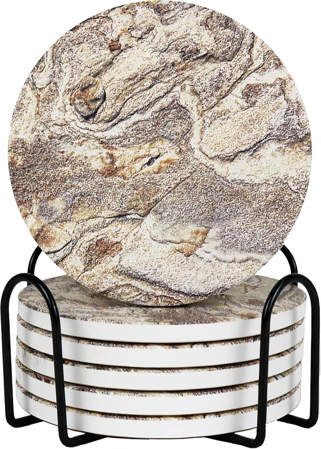 Drink Coasters with Holder, Marble Style Absorbent Ceramic Coasters with Cork Base for Tabletop Protection, Cork Base, Suitable for Kinds of Cups, Wooden. (Set of 6, 4 Inches)(Brown)
